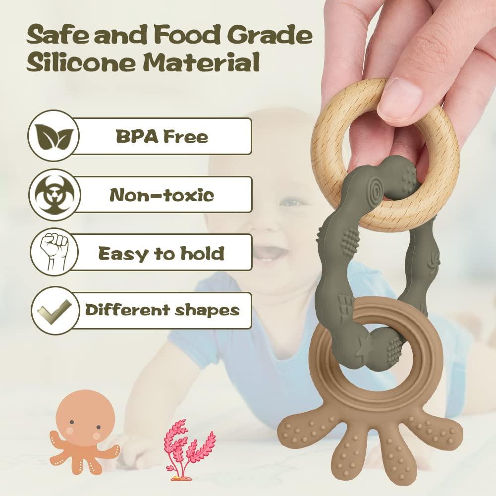 Activity-board Beißring für Babys, Beißring-Spielzeug aus Silikon und Holzringen, Baby-Beißhilfe BPA-frei, schmerzlinderndes Beißzubehör