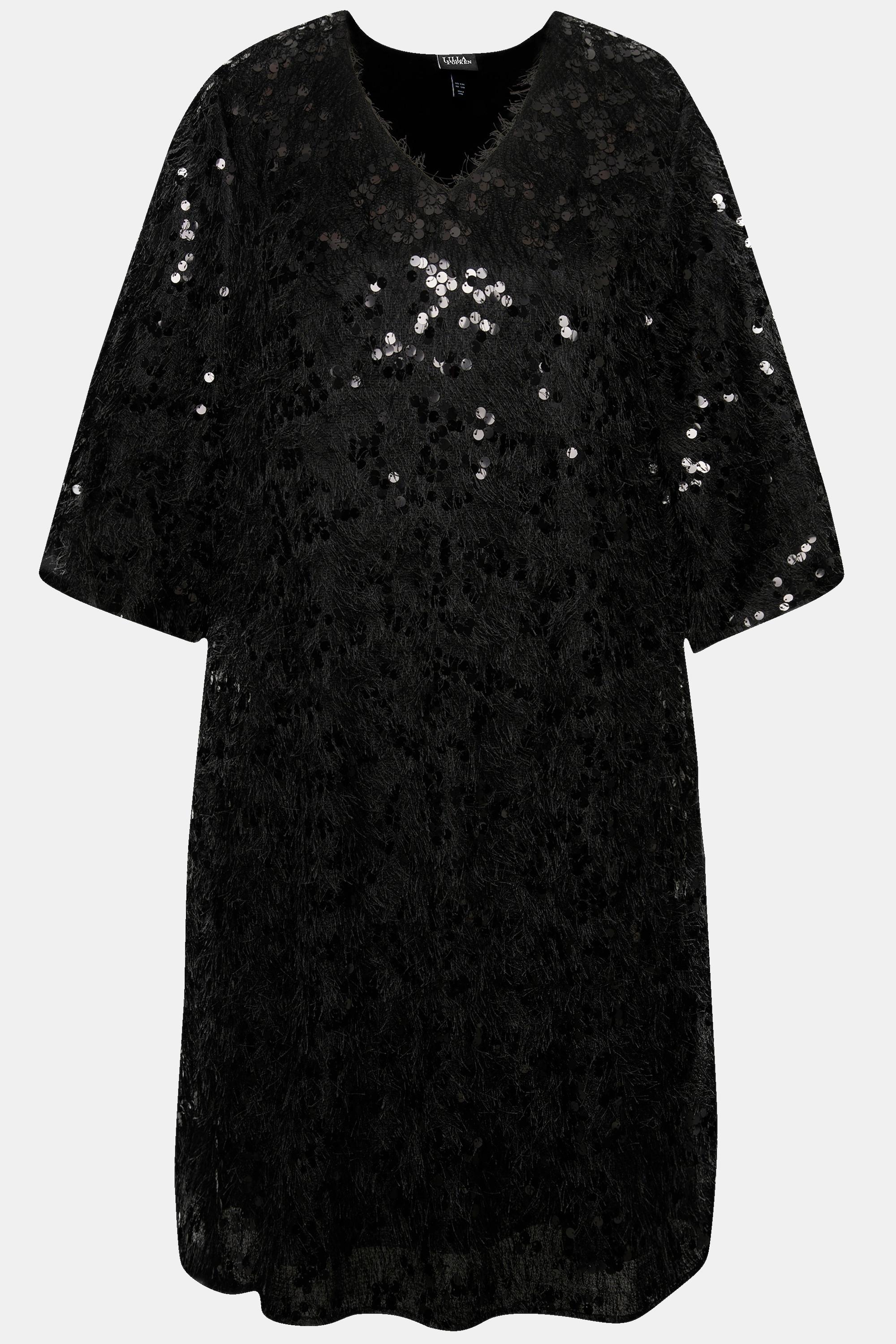 Ulla Popken Fransen Pailletten V-Ausschnitt 3/4 Arm Kleid