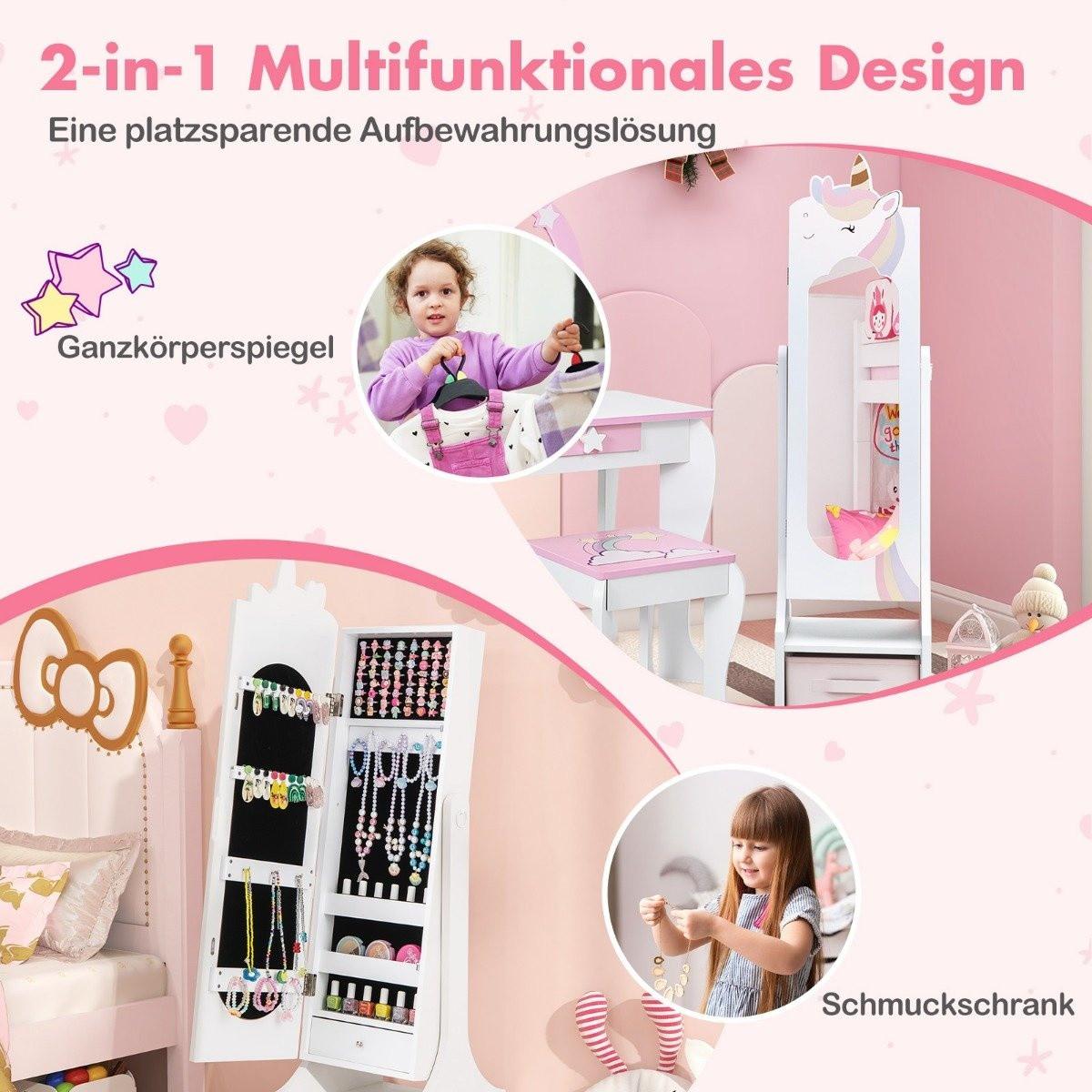 Northix Kinder Schmuckschrank 2 in 1 Spiegelschrank neigbar mit Ganzkörperspiegel Weiß
