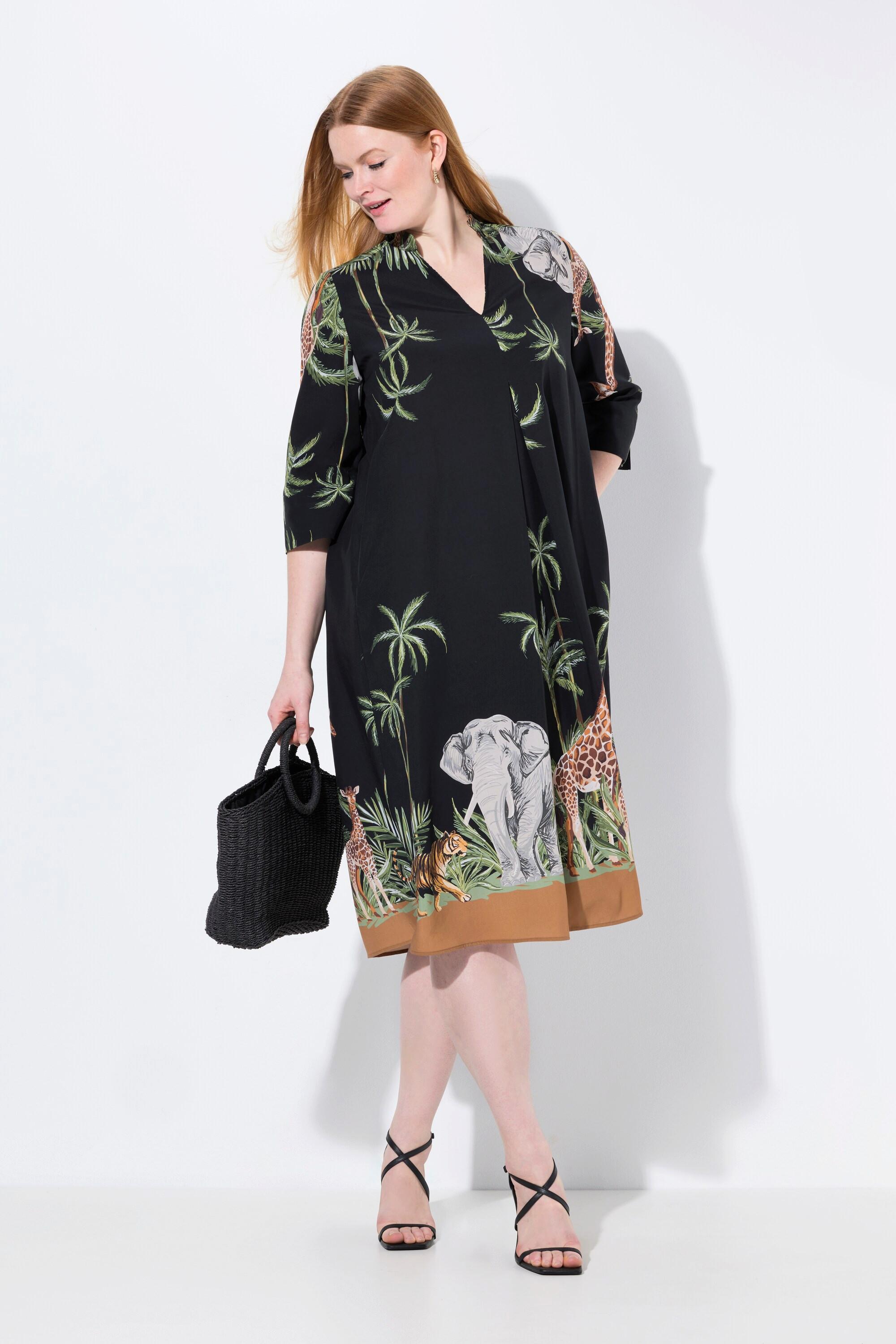 Ulla Popken Lyocell Midikleid Animal Print Hemdkragen 3/4 Arm