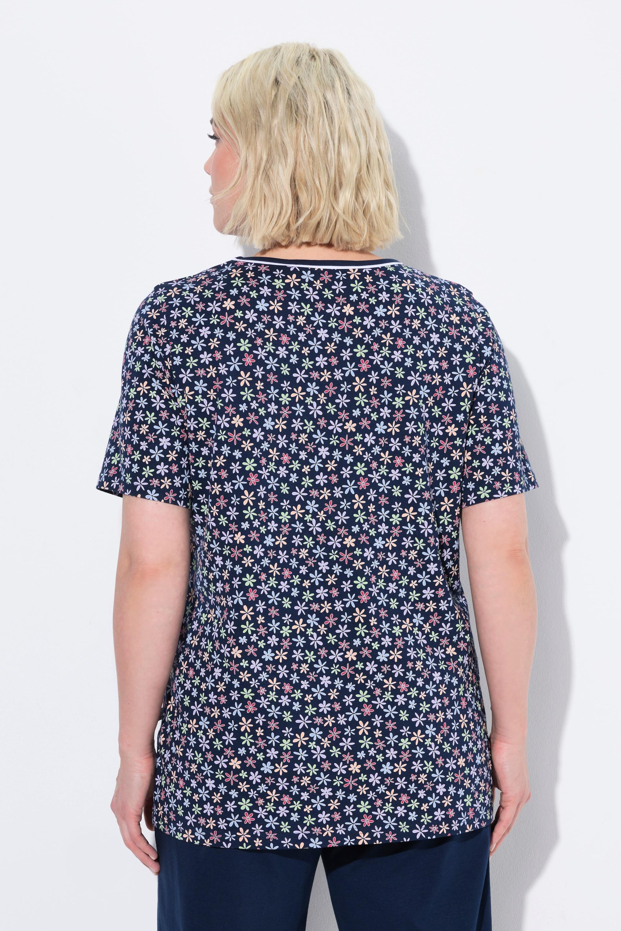 Ulla Popken Pyjamashirt, Blüten, V-Ausschnitt, Halbarm
