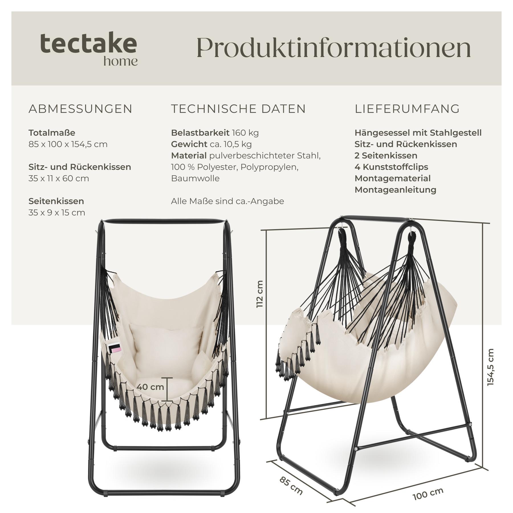 Tectake Hängesessel Alison, Boho-Style, Belastbarkeit 160kg