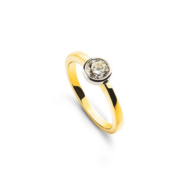 MUAU Schmuck Solitär Ring Zargen-Fassung Gelbgold 750, Brillanten 0.25ct. Fassung Weissgold 750