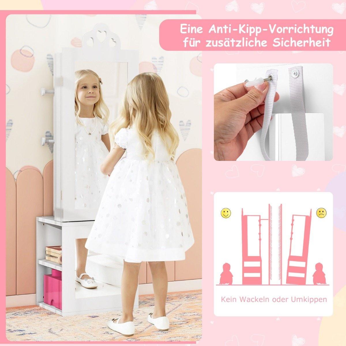 Northix 3 in 1 Spiegelschrank mit Ganzkörperspiegel & Kleiderständer Kinder Schmuckschrank Weiß