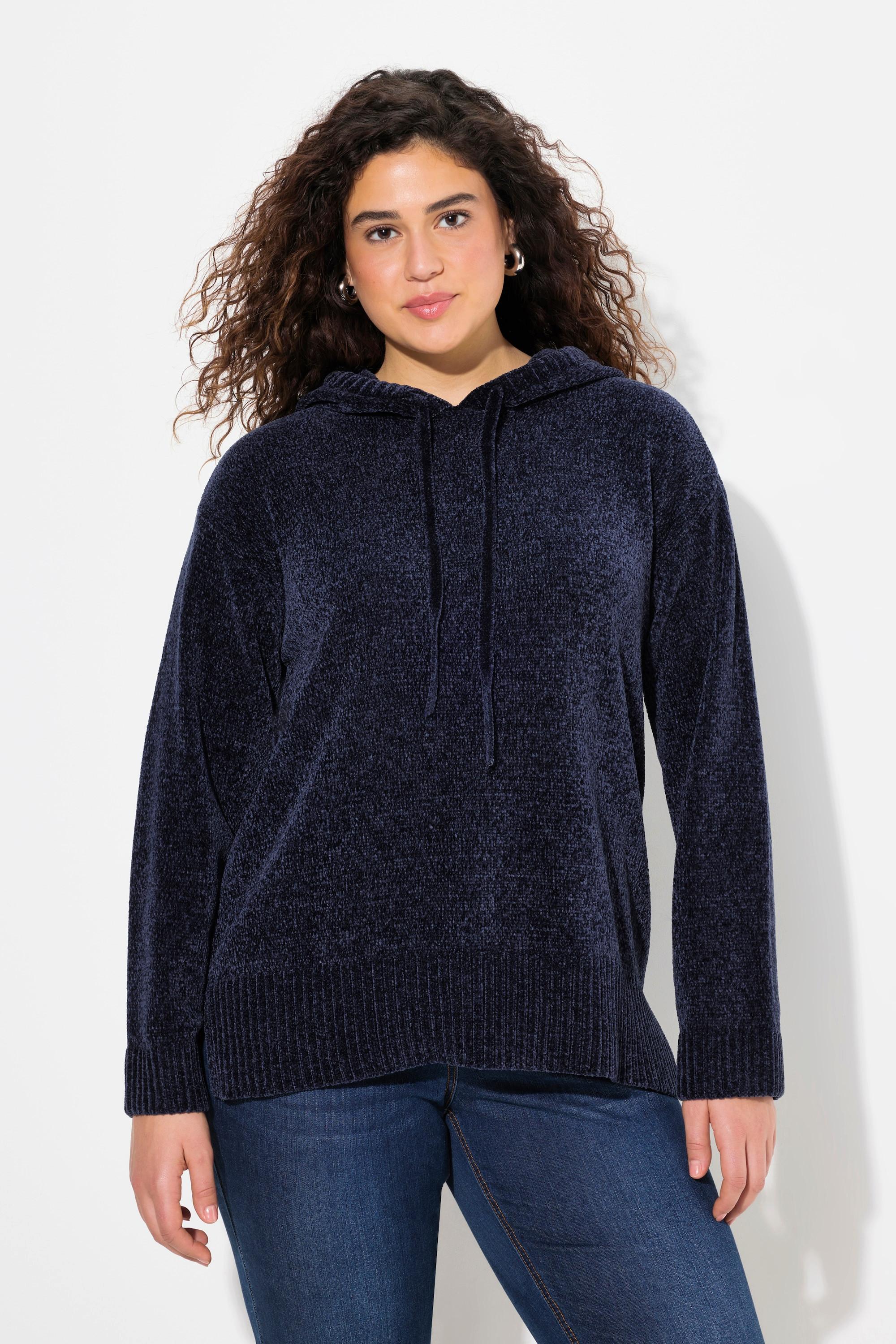 Ulla Popken Chenille-Hoodie, Kapuze, Kordel, Langarm