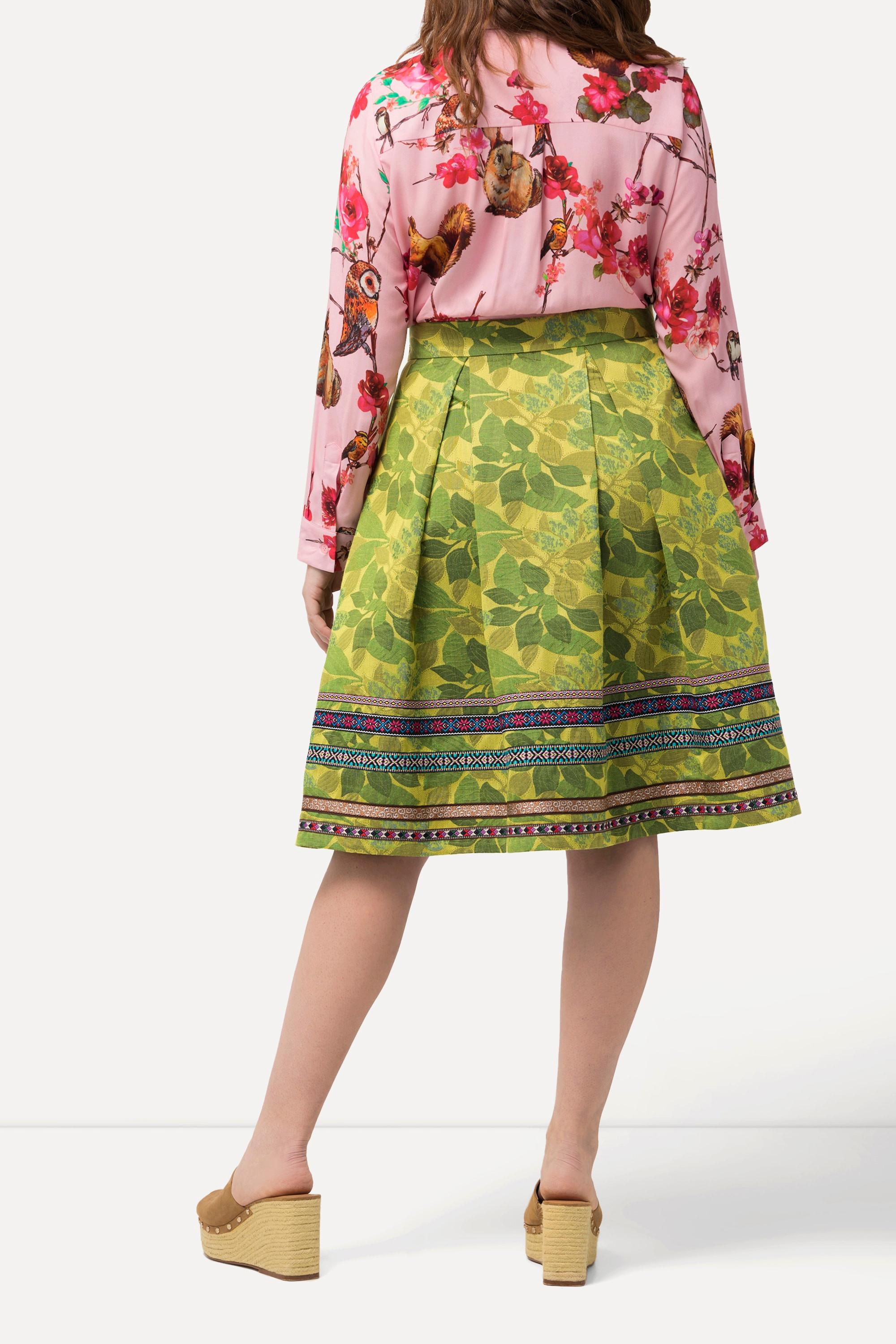 Ulla Popken Rock, A-Linie, Jacquard-Blütenmuster, Zierbänder