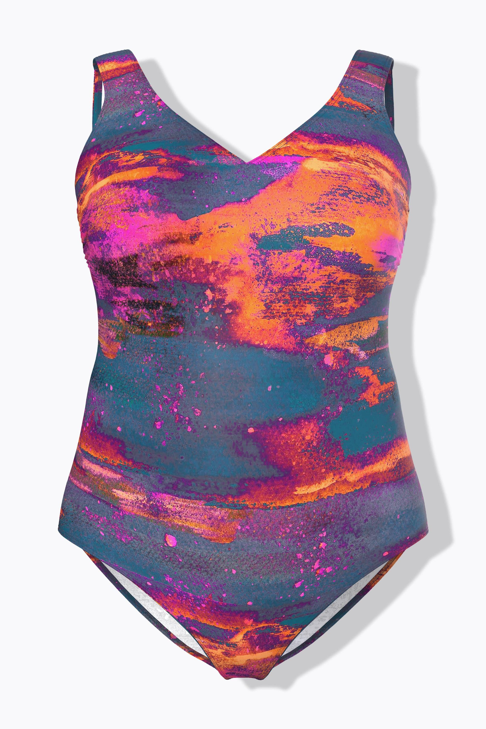 Ulla Popken Badeanzug, ohne Softcups, V-Ausschnitt, recycelt