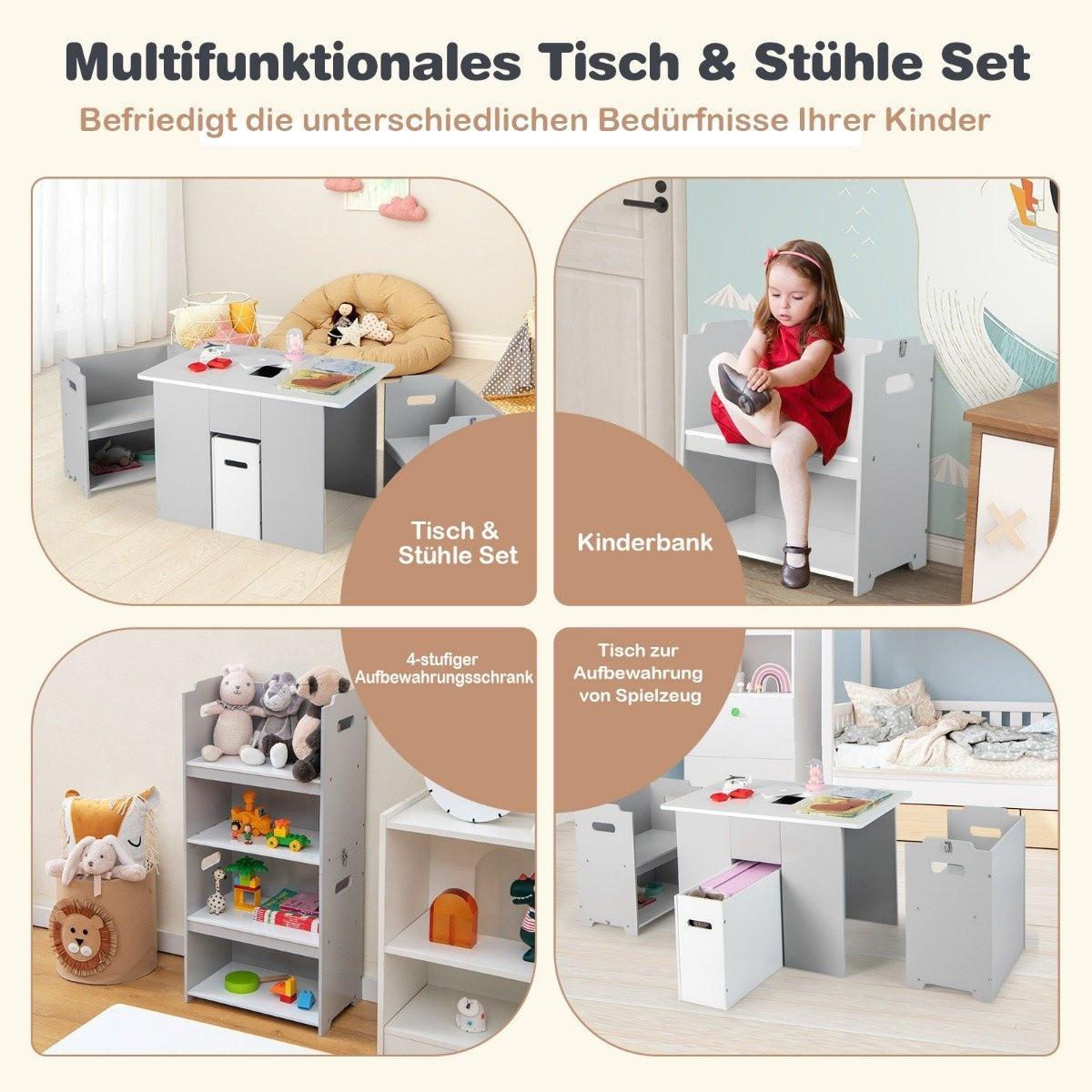 Northix 3-Teiliges Set aus Tisch & Stühlen für Kinder 4-in-1 Aktivitätstisch mit 2 Stapelbaren Stühlen Grau & Weiß