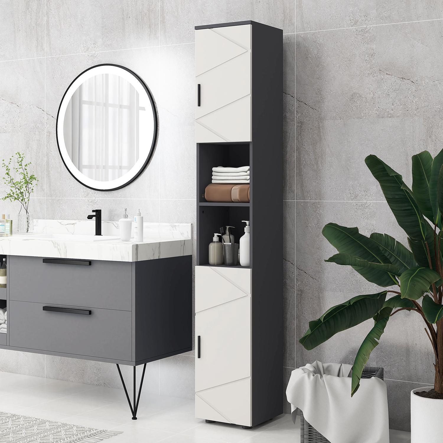 Northio Badezimmerschrank schmal, Hochschrank Toilettenschrank mit Verstellbar Regal und 2 offenen Fächern, Badschrank für kleine Räume Badezimmer, Wohnzimmer Grau |