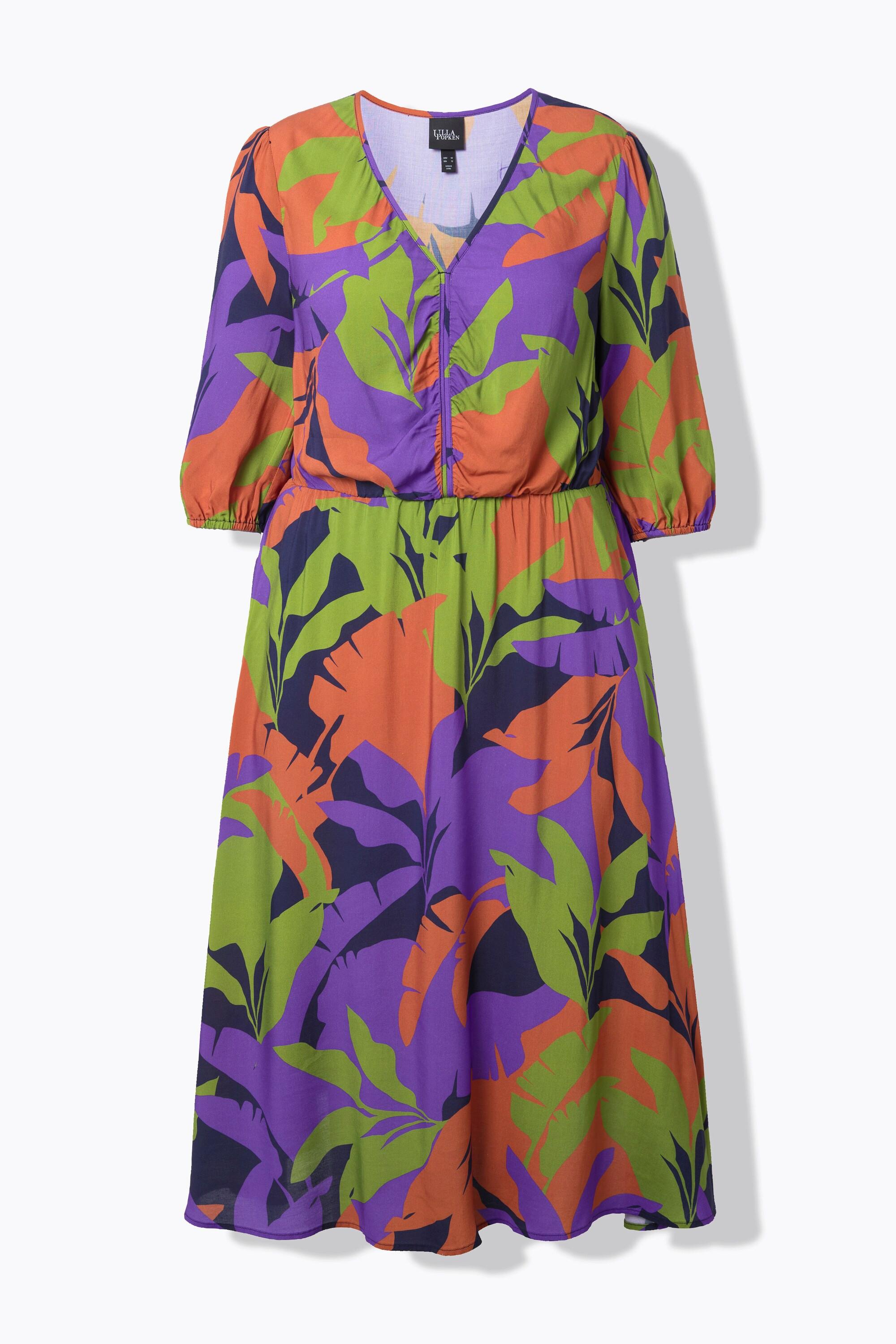 Ulla Popken Midikleid Blätter A-Linie V-Ausschnitt 3/4-Arm