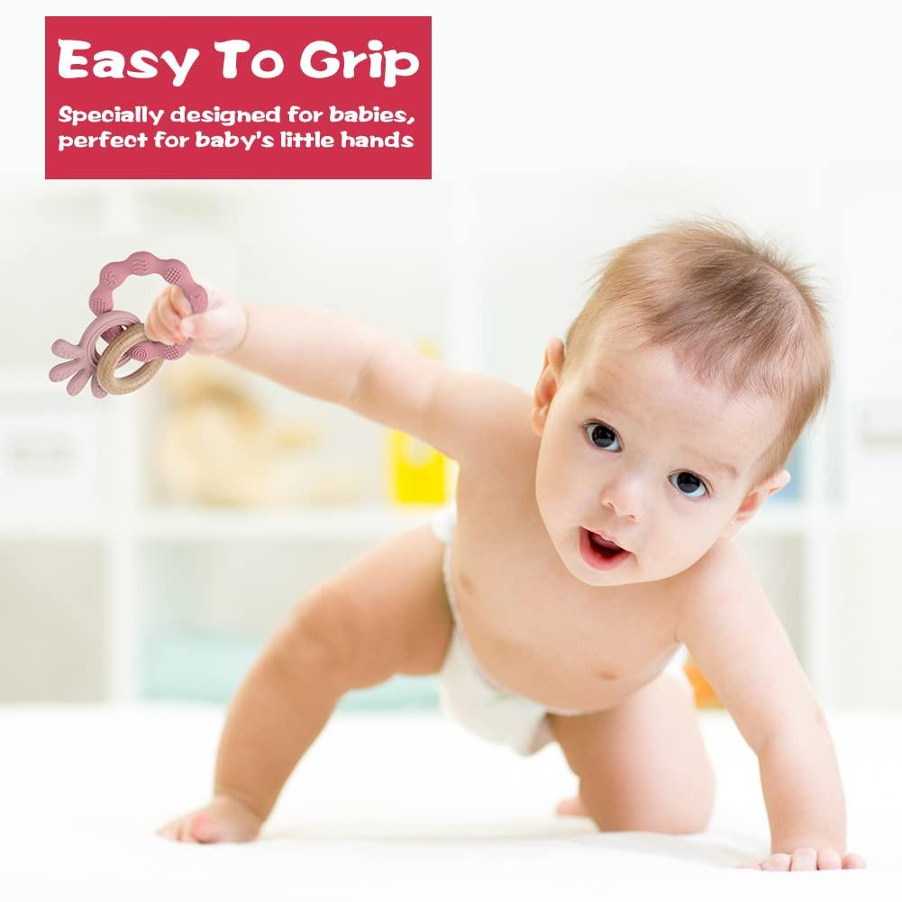 Activity-board Beißring für Babys, Beißring-Spielzeug aus Silikon und Holzringen, Baby-Beißhilfe BPA-frei, schmerzlinderndes Beißzubehör