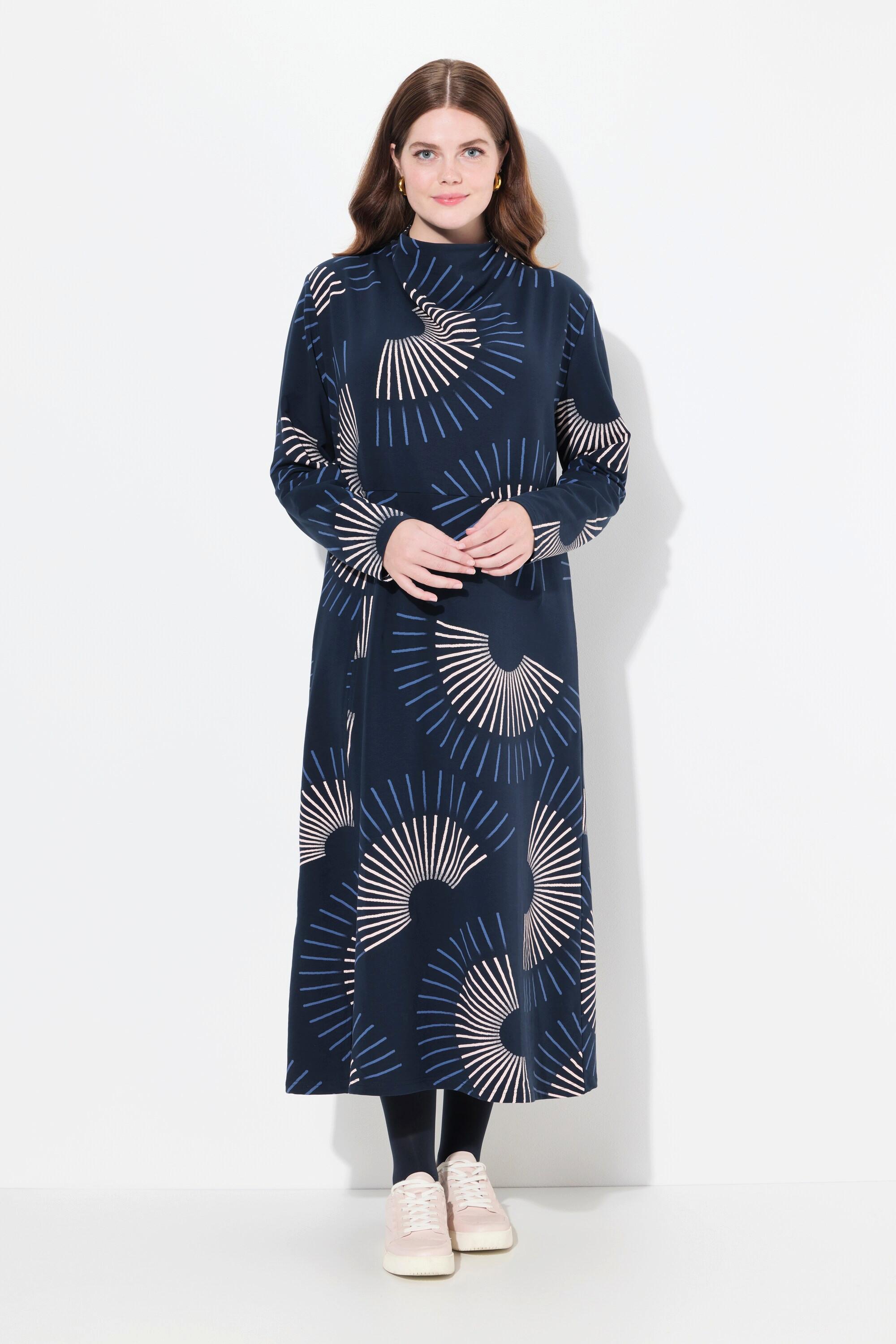 Ulla Popken Maxi Sweatkleid Wasserfallkragen Langarm Biobaumwolle