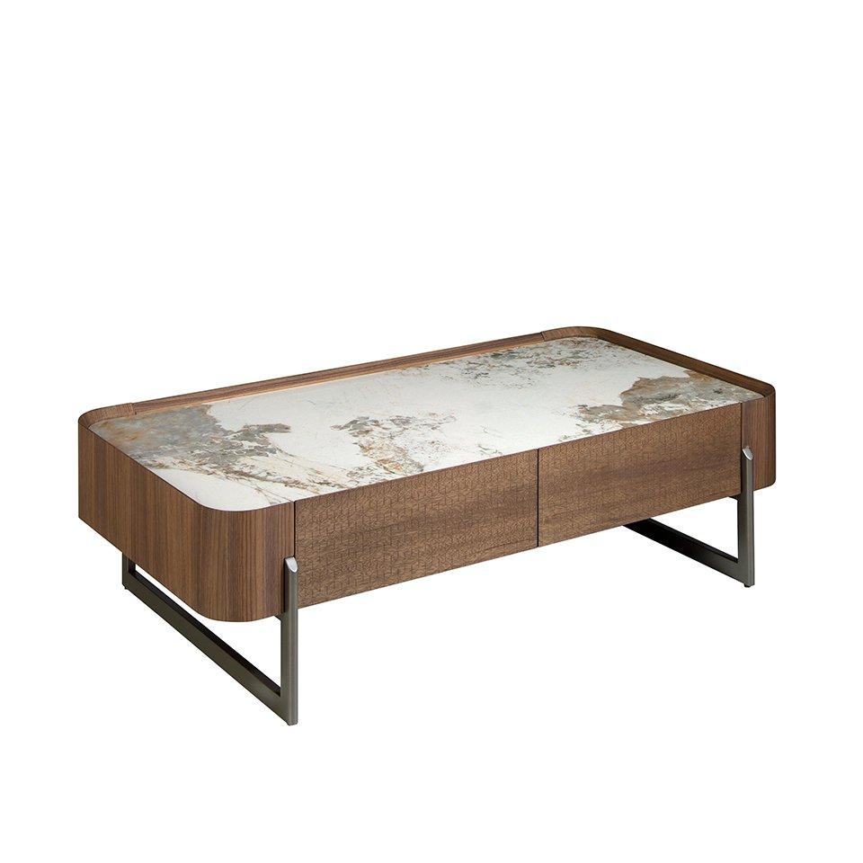 ANGEL CERDA Rechteckiger Couchtisch aus Porzellanmarmor, Nussbaum und dunklem Metallic-Stahl