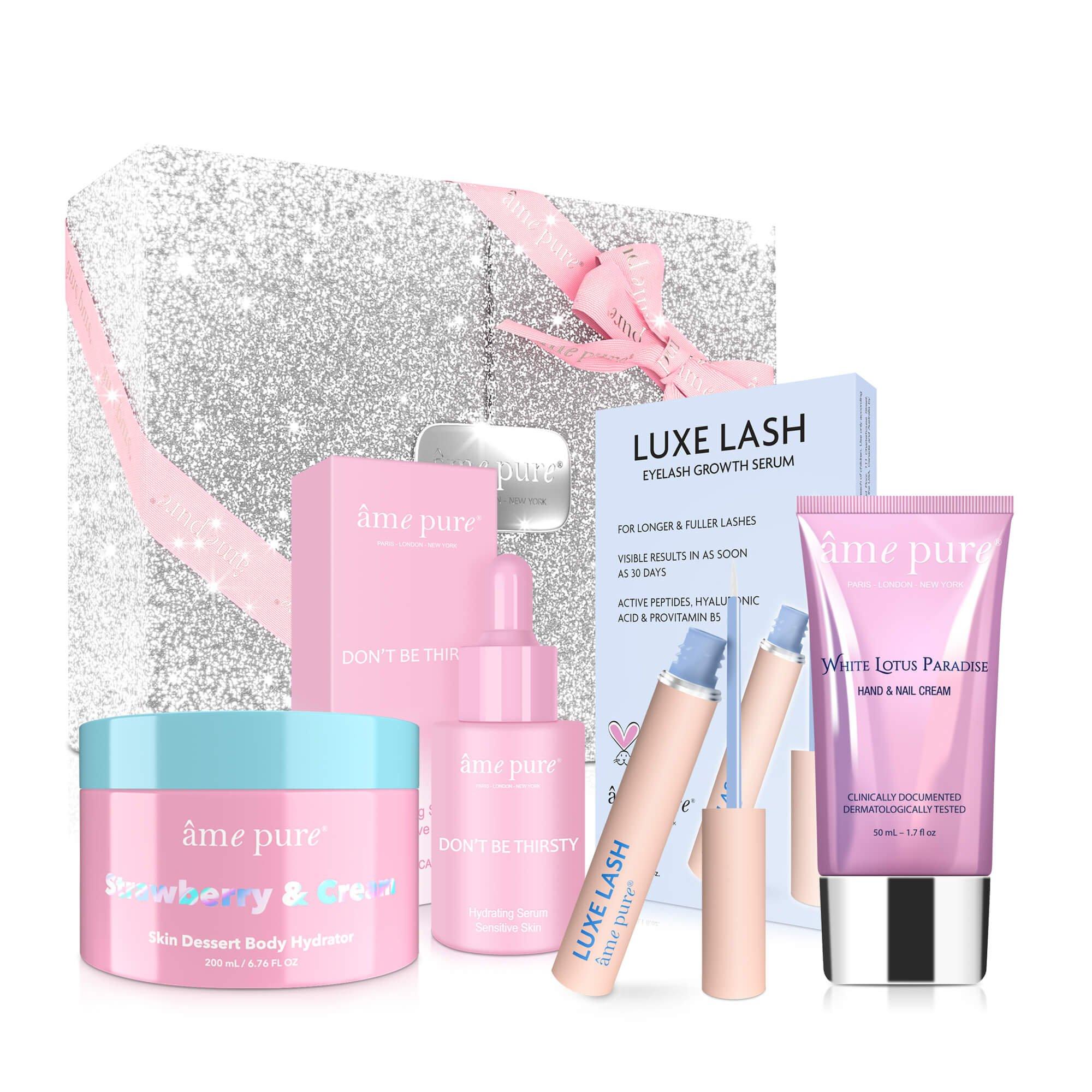 âme pure HOLIDAY GLOW Geschenkset: Luxe Lash Wimpernserum, Feuchtigkeitsserum für das Gesicht, Körpercreme, Handcreme