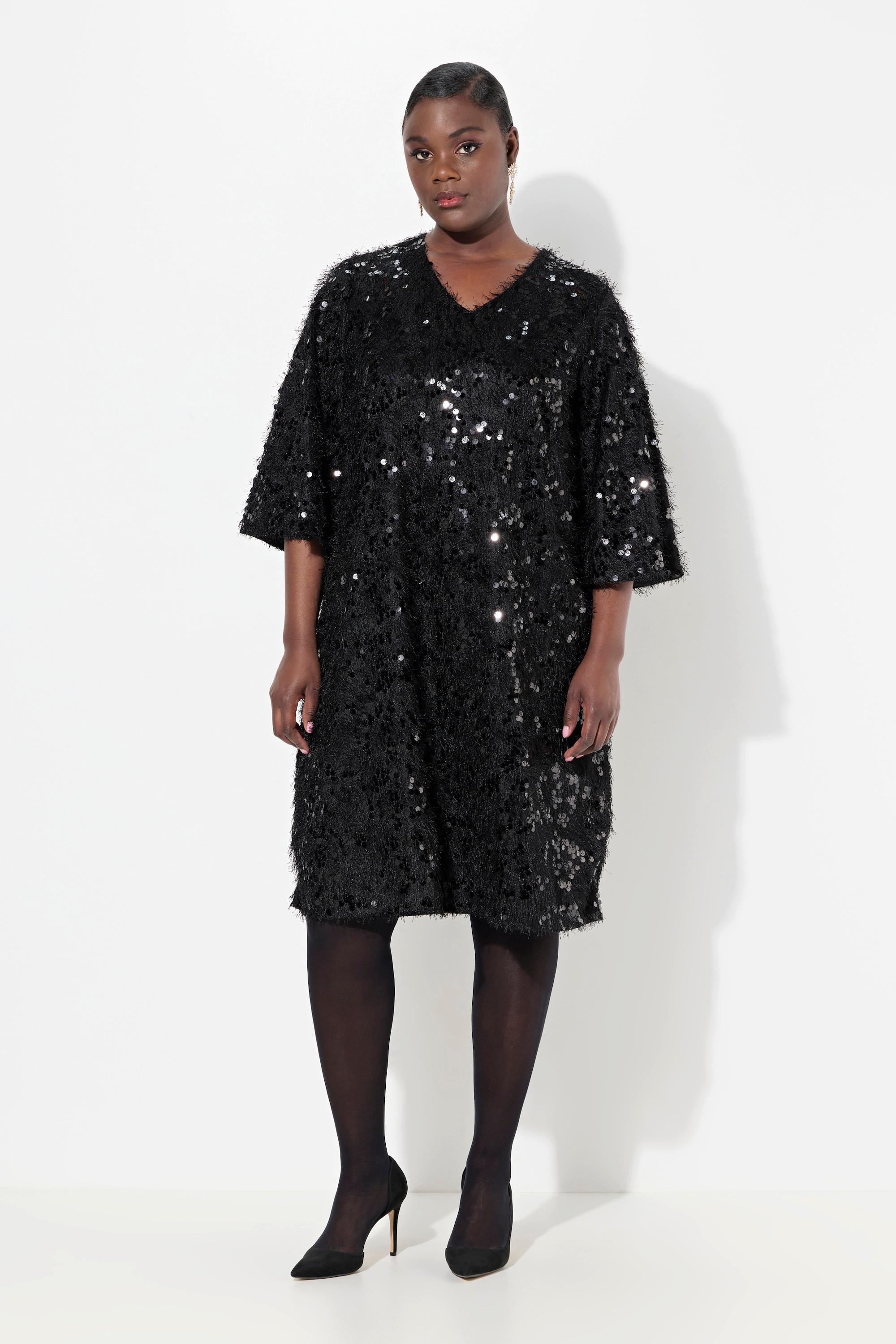 Ulla Popken Fransen Pailletten V-Ausschnitt 3/4 Arm Kleid