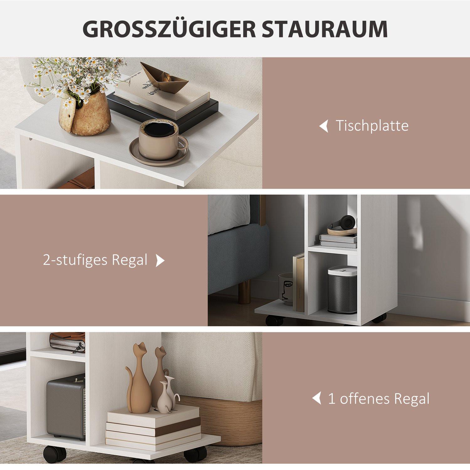 Northio Beistelltisch in C-Form, Couchtisch mit Rollen, Kaffeetisch, Tragbarer Sofatisch, für kleine Bereiche, 45 x 35 x 58 cm, Weiß