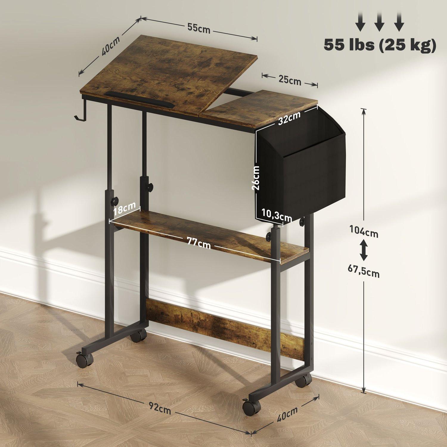 Northio Höhenverstellbar Schreibtisch, 92 x 40 cm, Computertisch mit Rollen, neigbar Plattform, Aufbewahrungstasche, für Arbeitszimmer, Büro, Stahl, Rustikales Braun