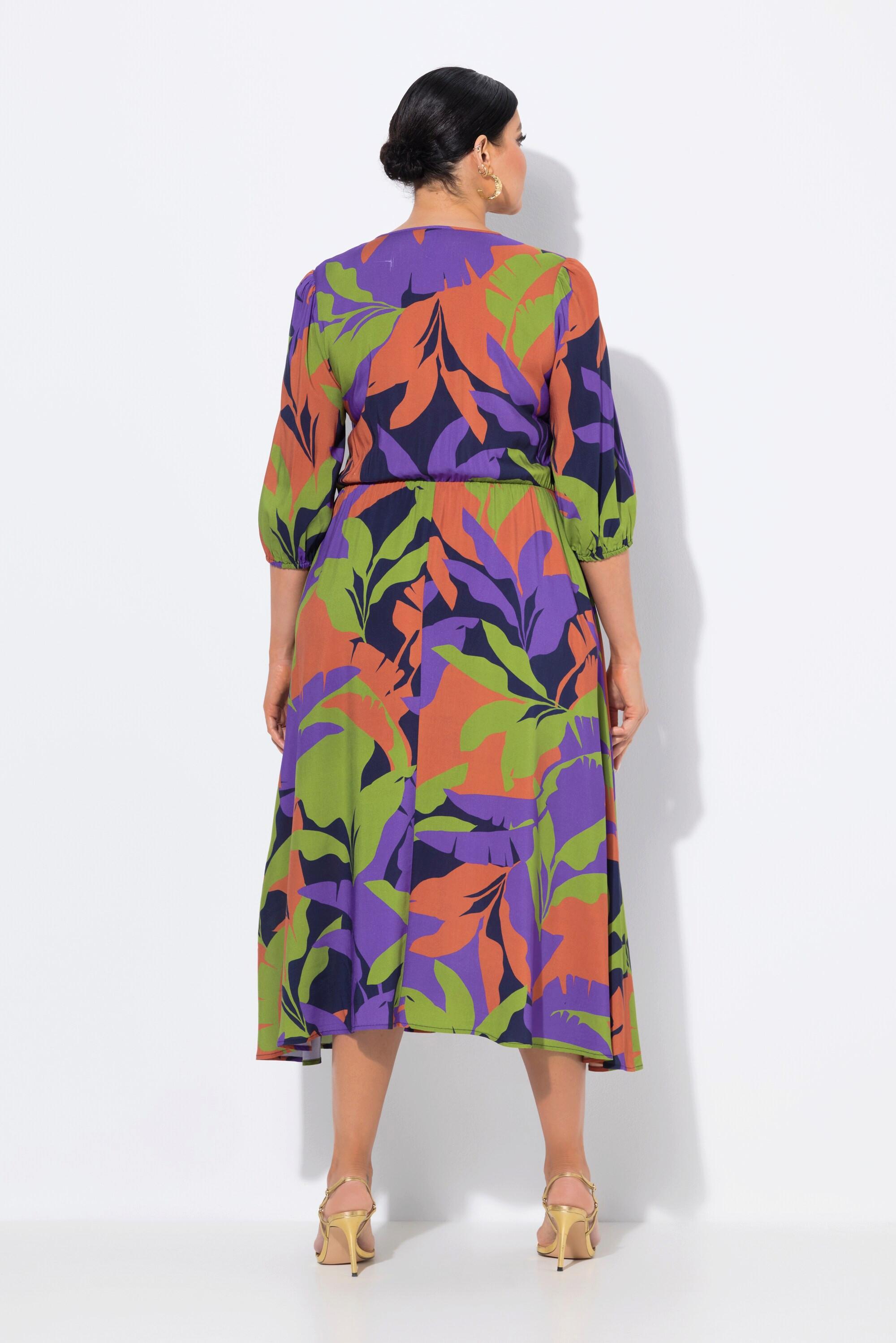 Ulla Popken Midikleid Blätter A-Linie V-Ausschnitt 3/4-Arm