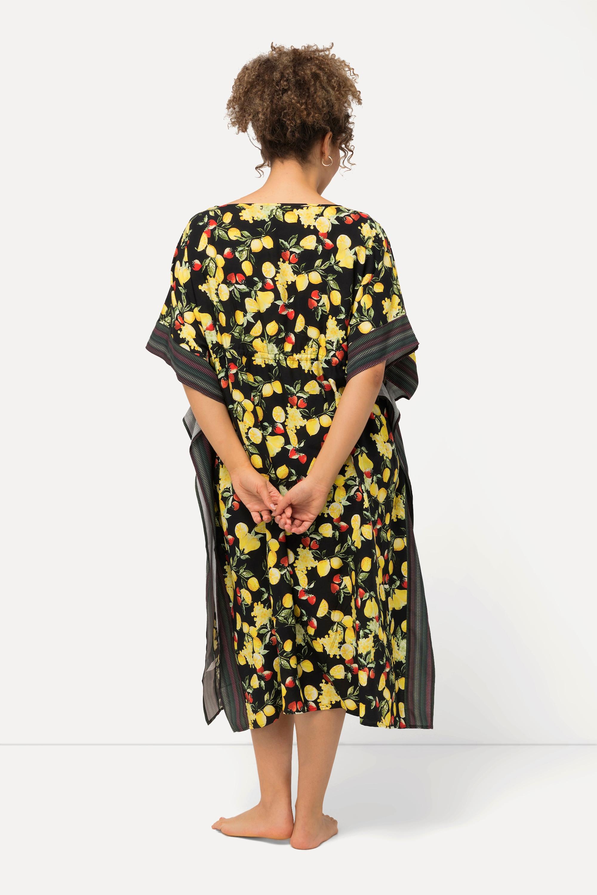 Ulla Popken Zitronen Print Bordüren V-Ausschnitt Halbarm Kaftan