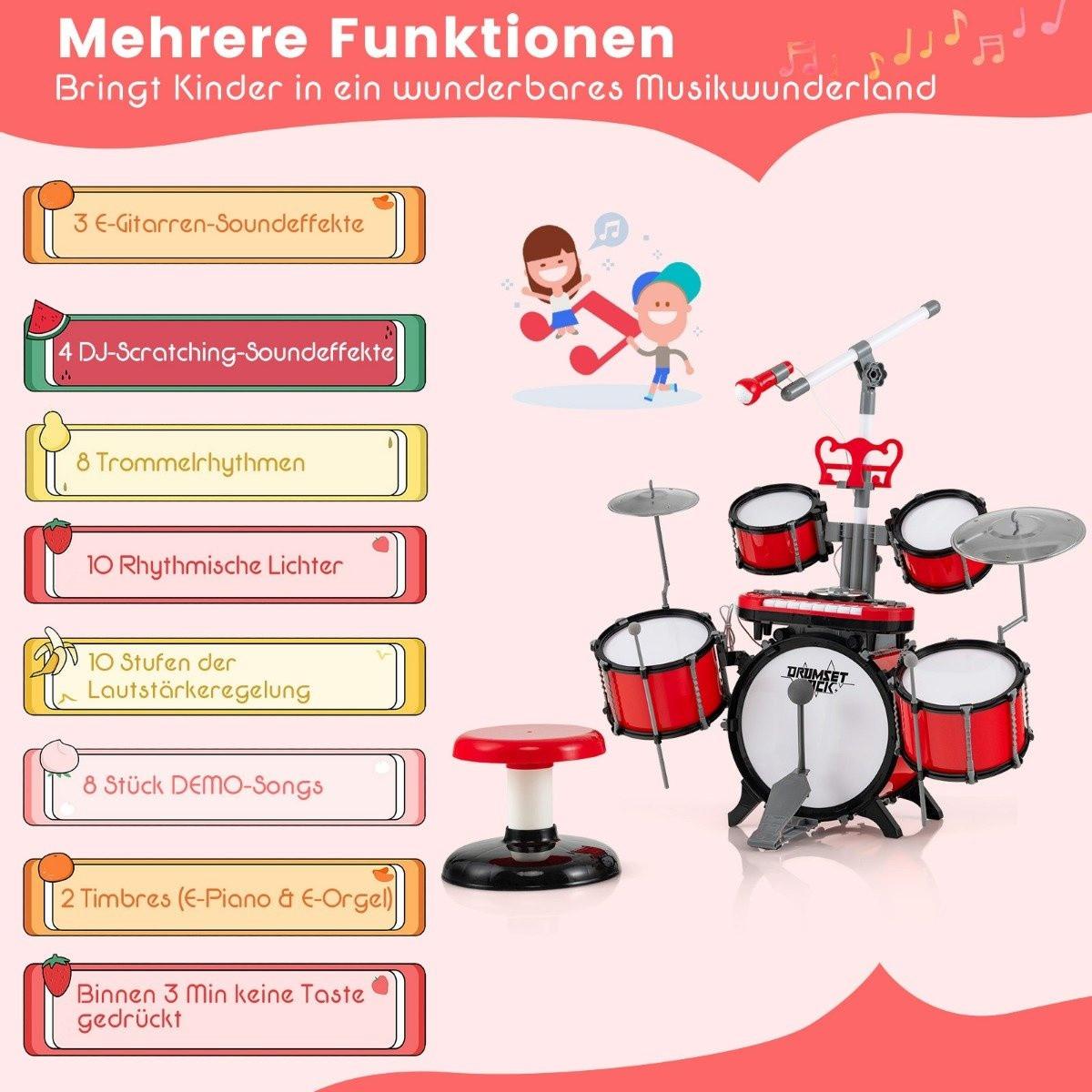 Northix Schlagzeug Kinder Schlagzeugset mit Keyboard Hocker Mikrofon Notenstände Rot