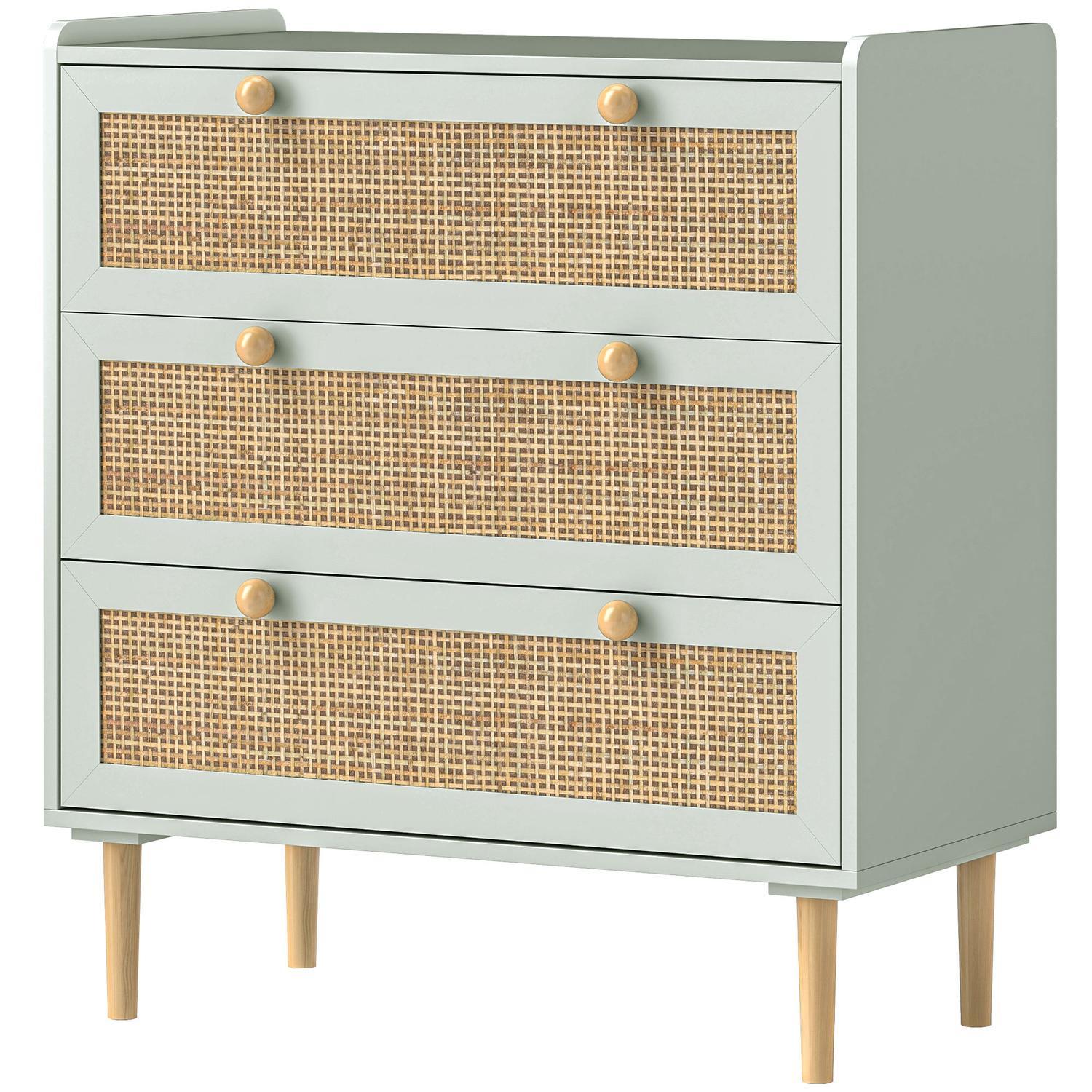 Northio Kommode Beistellschrank mit 3 Schubladen, Sideboard mit Boho-Stil, Rattanoptik, Schubladenkommode für Wohnzimmer, Schlafzimmer, Hellblau 80 x 40 x 87,5 cm Aosom