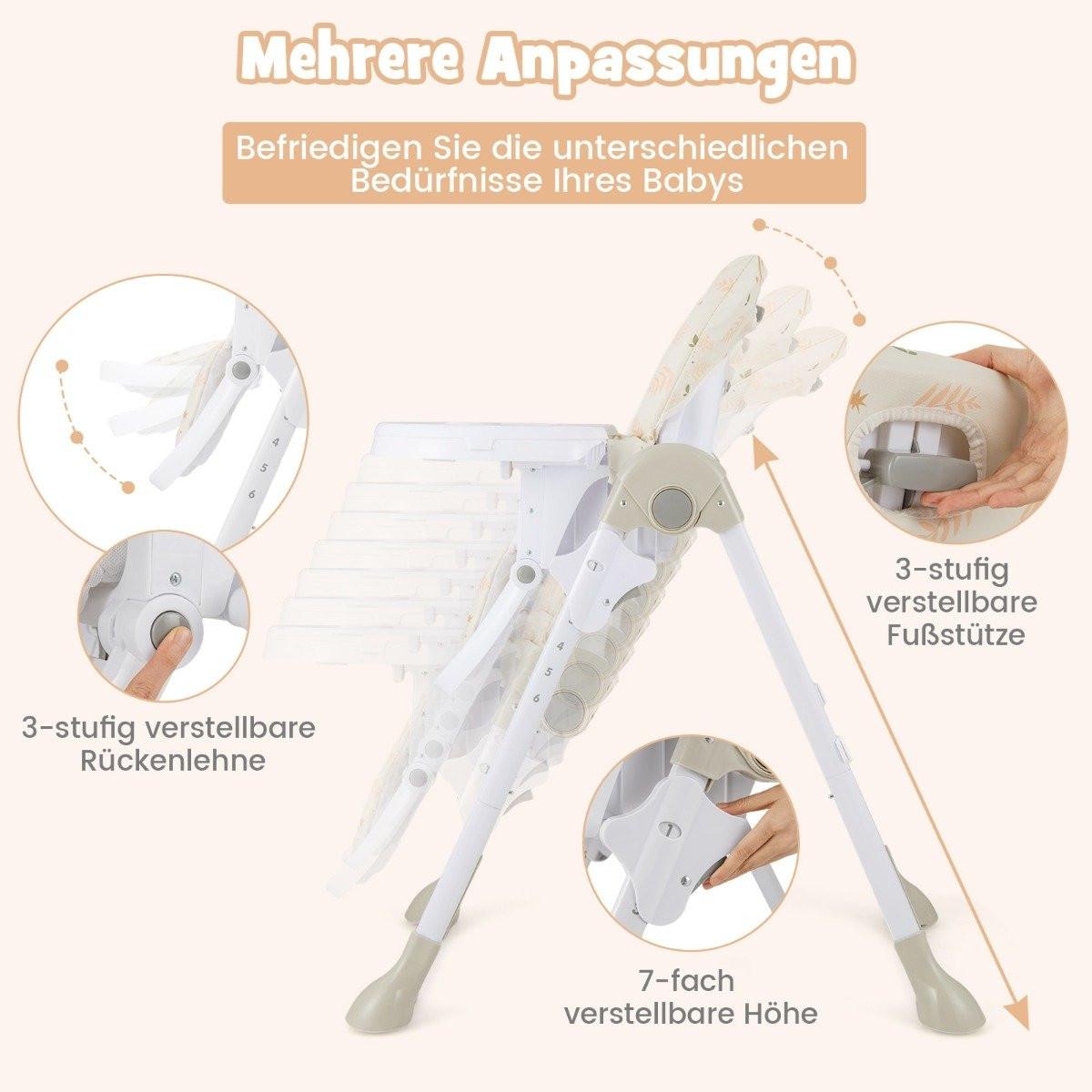 B2X 6 in 1 Umwandelbarer Babyhochstuhl mit Liegefunktionen & Doppeltablett Klappbarer Hochstuhl Beige