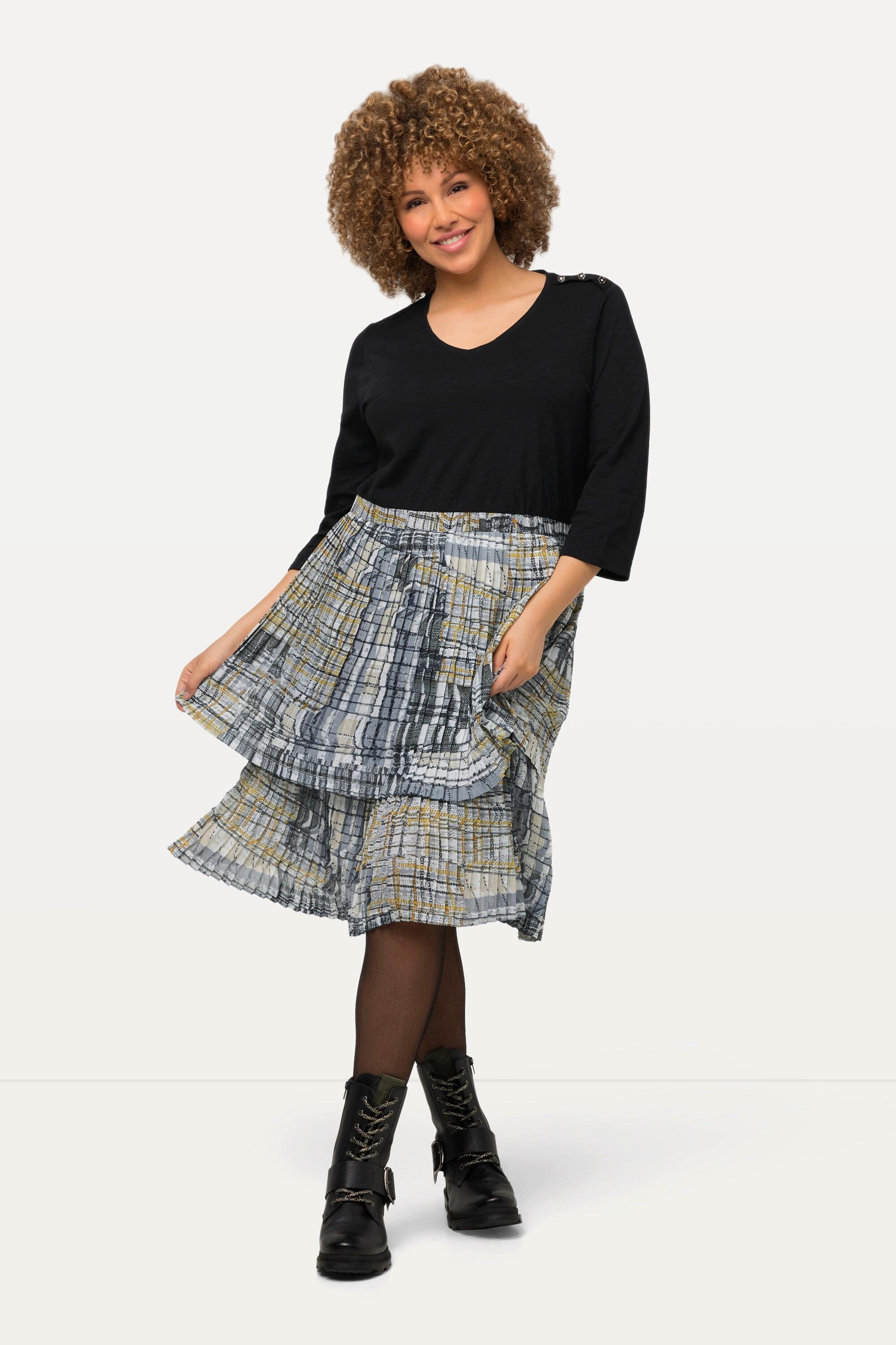 Ulla Popken Jerseykleid Plisseerock A-Linie V-Ausschnitt 3/4-Arm