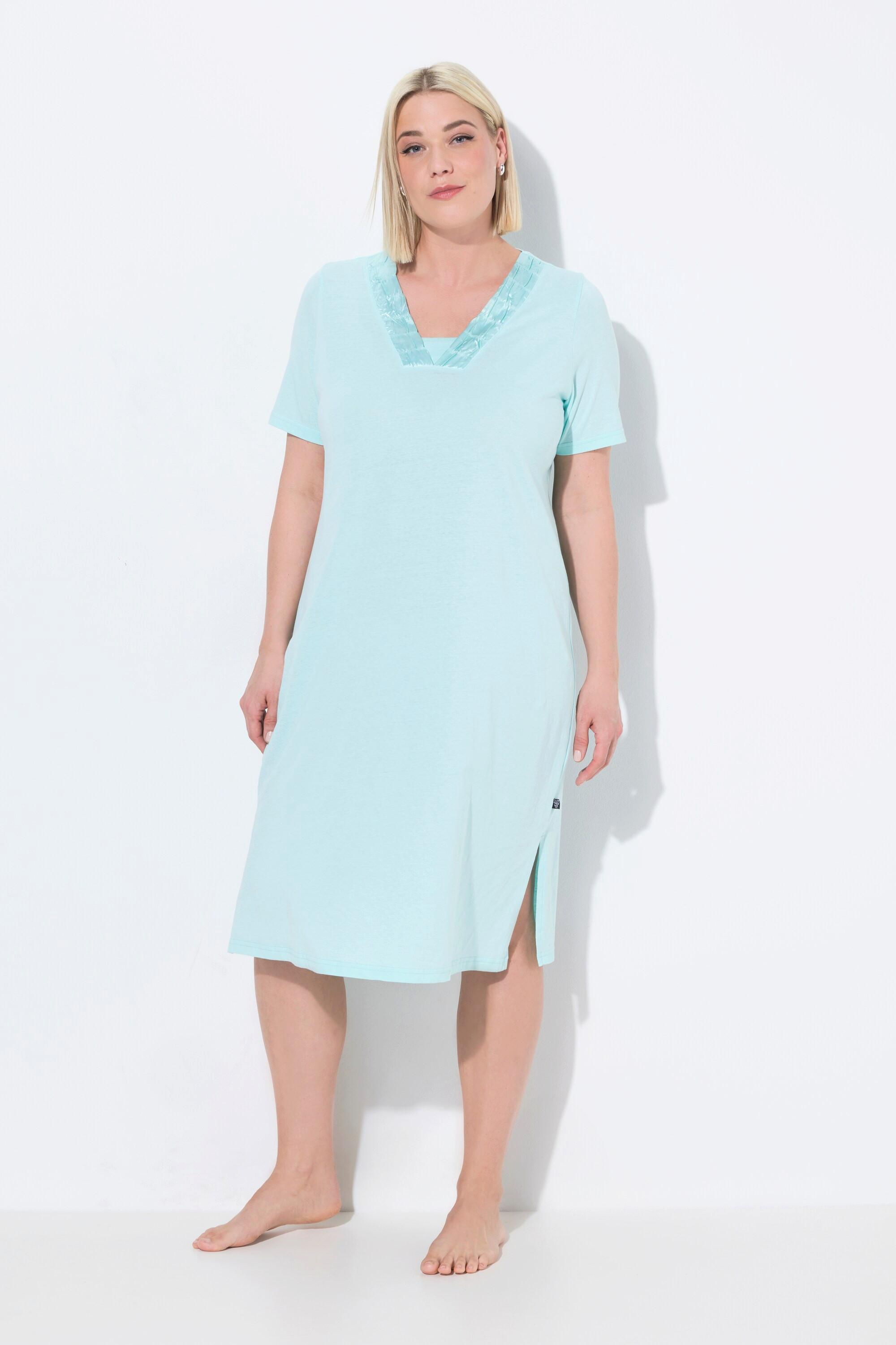 Ulla Popken Nachthemd, Satin-Zierblende, V-Ausschnitt, Halbarm