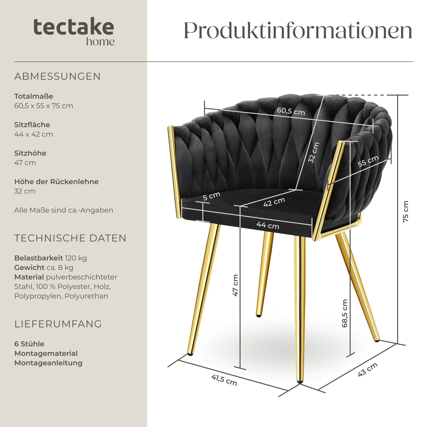Tectake Set Esszimmerstuhl gepolstert, mit Samtbezug, Knotendesign durchgehende Lehne