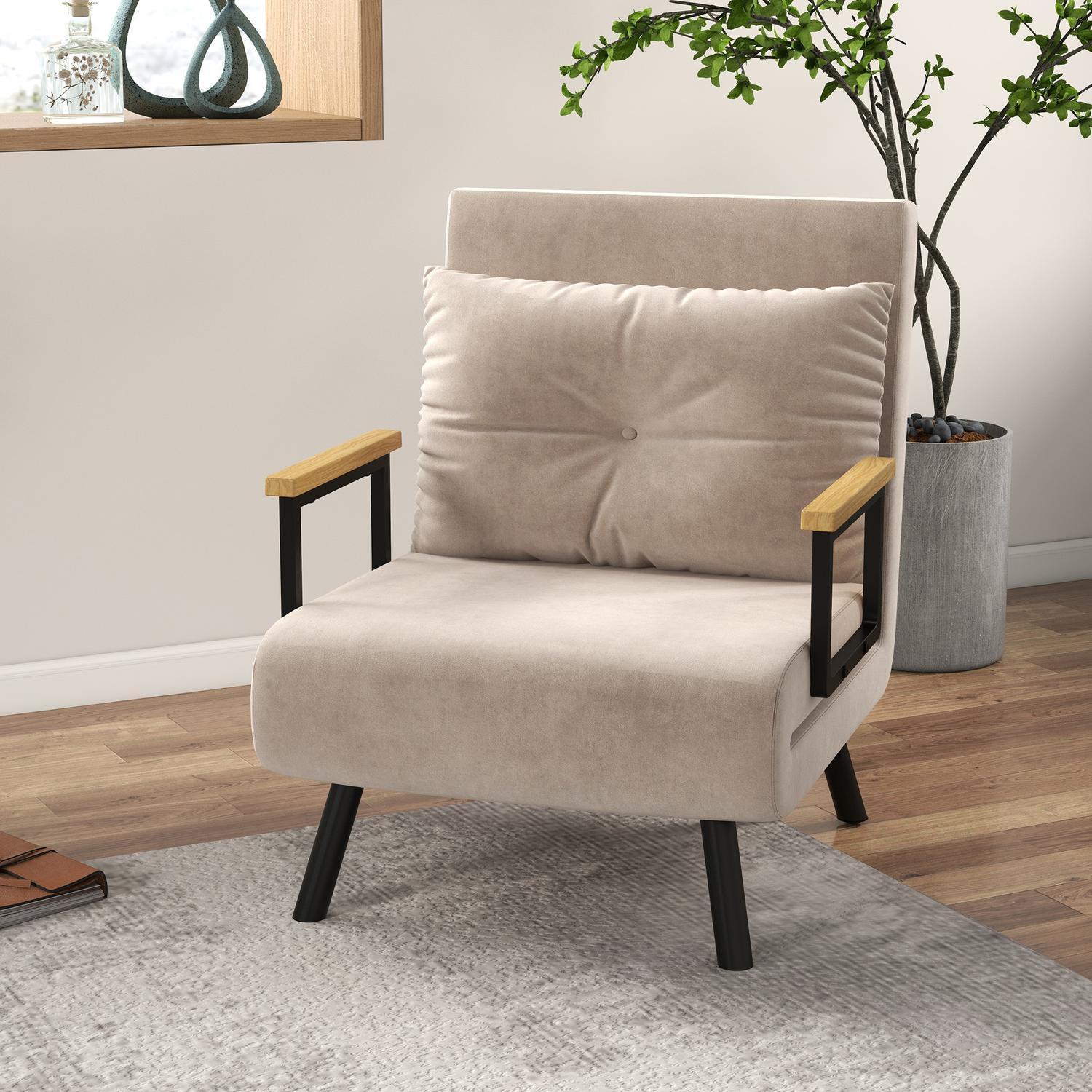 Northio Schlafsofa, Relaxsessel Mit Bettfunktion, Gästebett Mit Samtoptik, Rückenkissen, Polstersofa Mit Verstellbarer Rückenlehne, Beige, 63 X 73 X 81 Cm