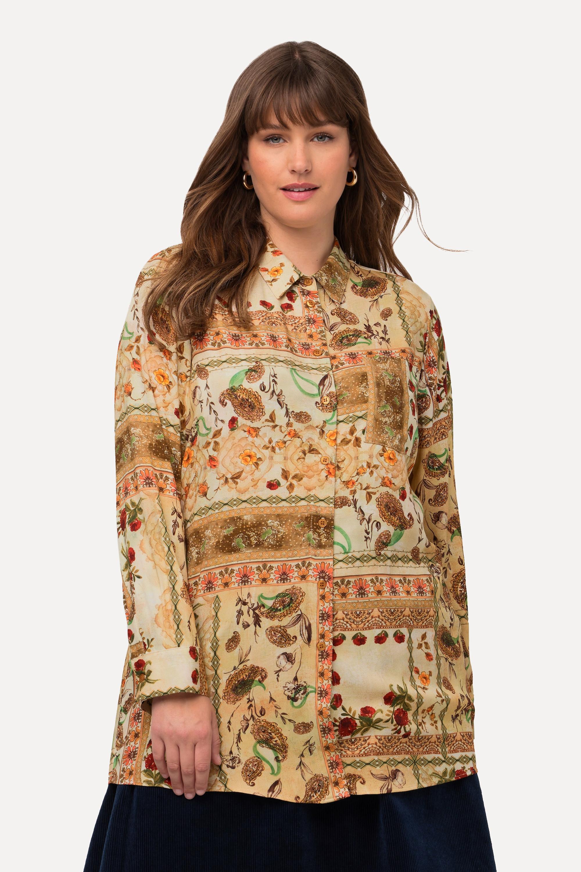 Ulla Popken Patchdruck Langarm Bluse mit Hemdkragen