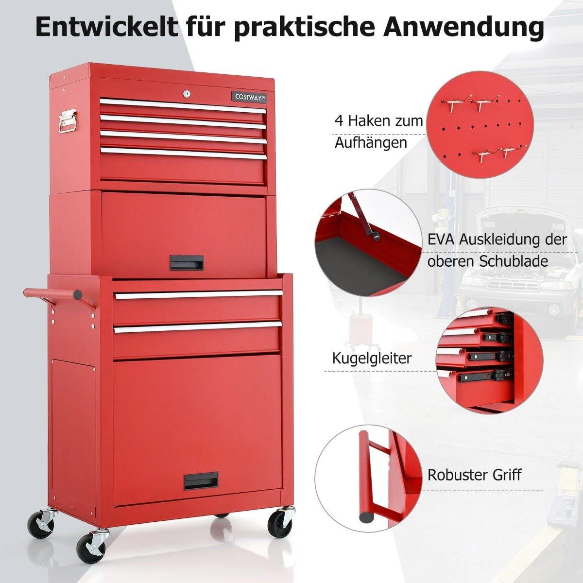 Northio Abschließbarer 2-in-1-Werkzeugtruhe mit hoher Kapazität Griff 6 Schubladen & 4 Rädern abnehmbare Rot