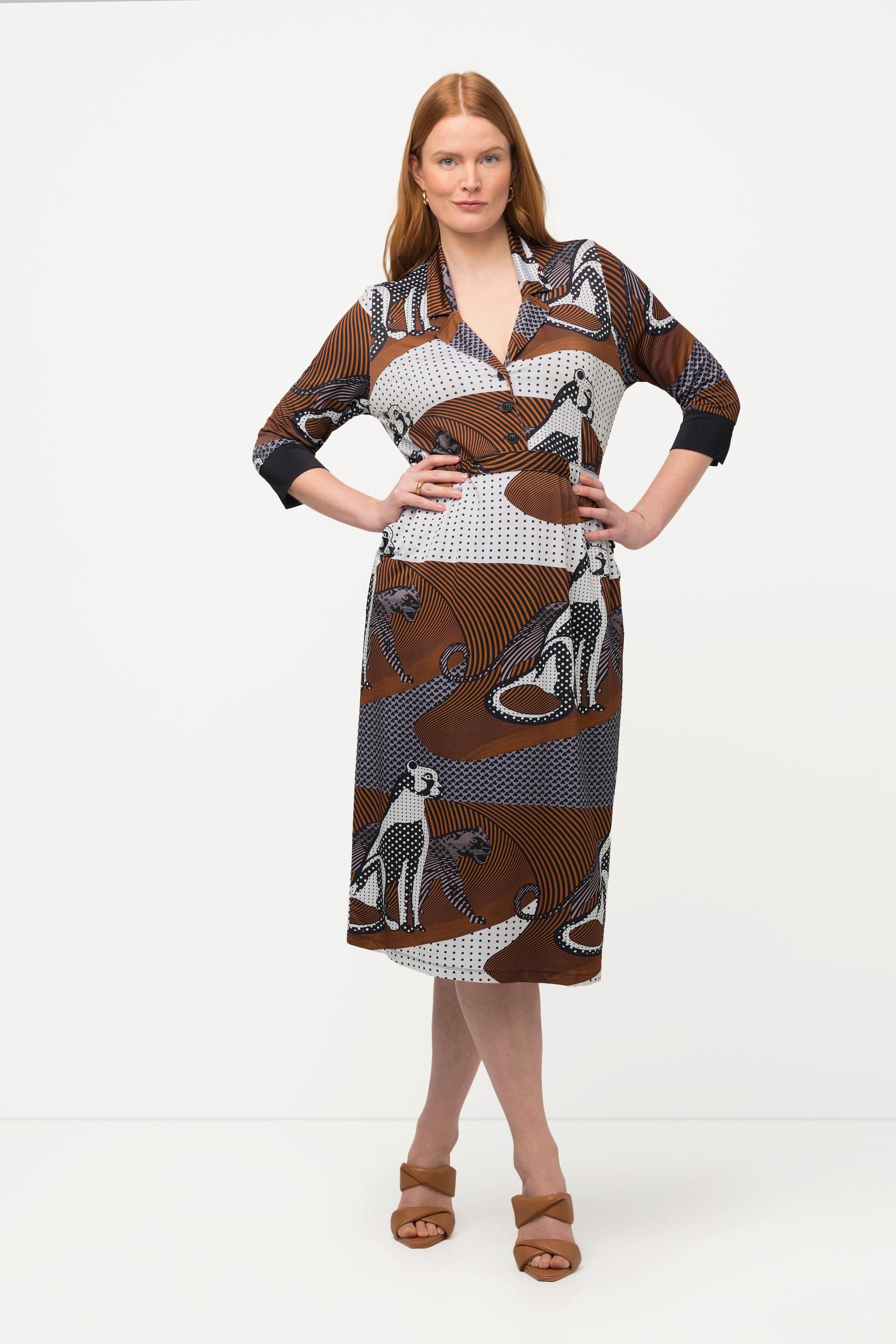 Ulla Popken Slinky Leoparden Design V-Ausschnitt 3/4 Arm Kleid