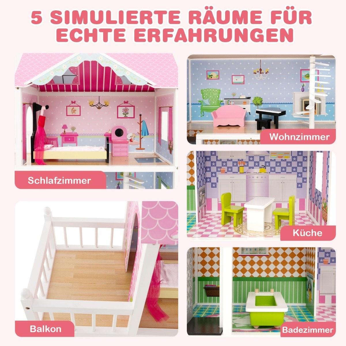 B2X Puppenhaus Holz Puppenstube mit Möbeln & Zubehör 3 stöckiges Dollhouse Spielzeug