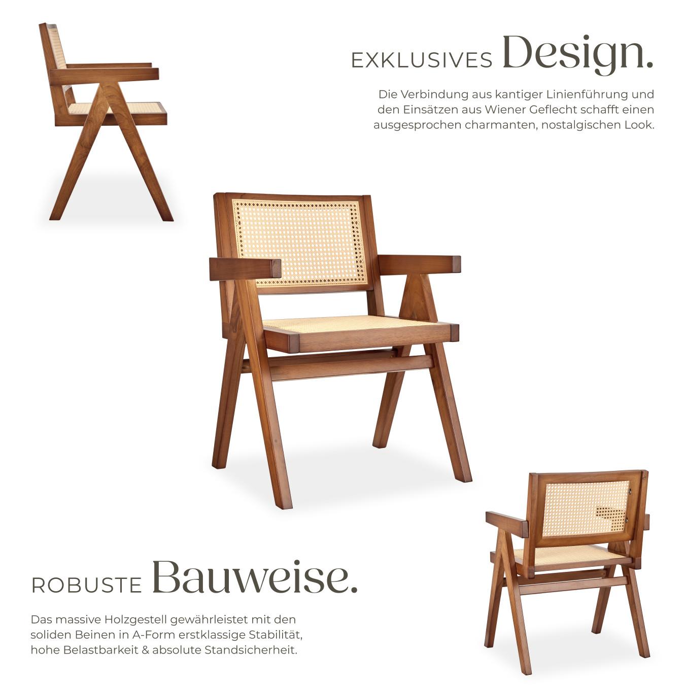 Tectake Armlehnstuhl Retro-Design im 50er Jahre-Stil grosse Rückenlehne und Sitzfläche mit Wiener Geflecht