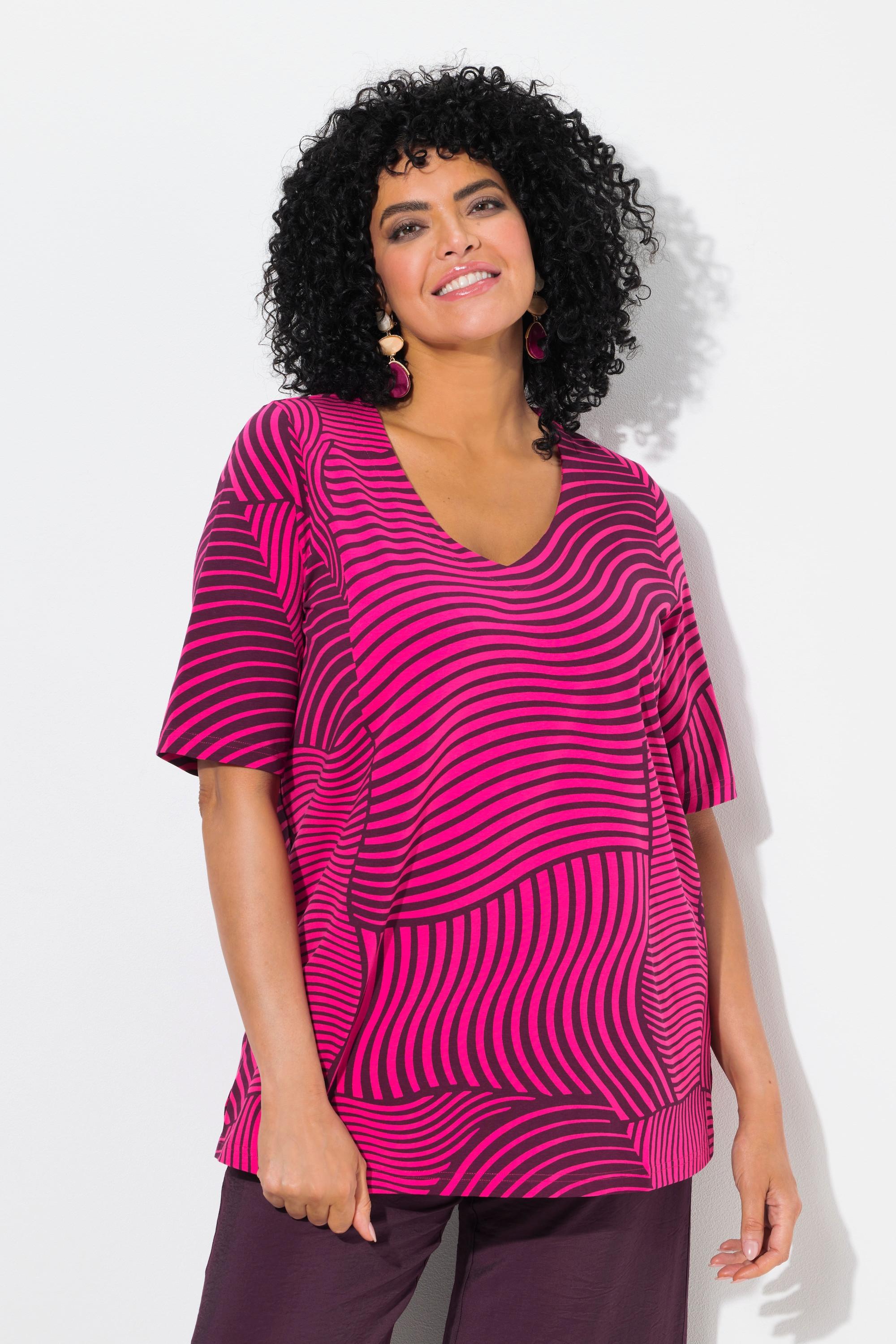 Ulla Popken A-Linie Grafischer Druck V-Ausschnitt Halbarm T-Shirt