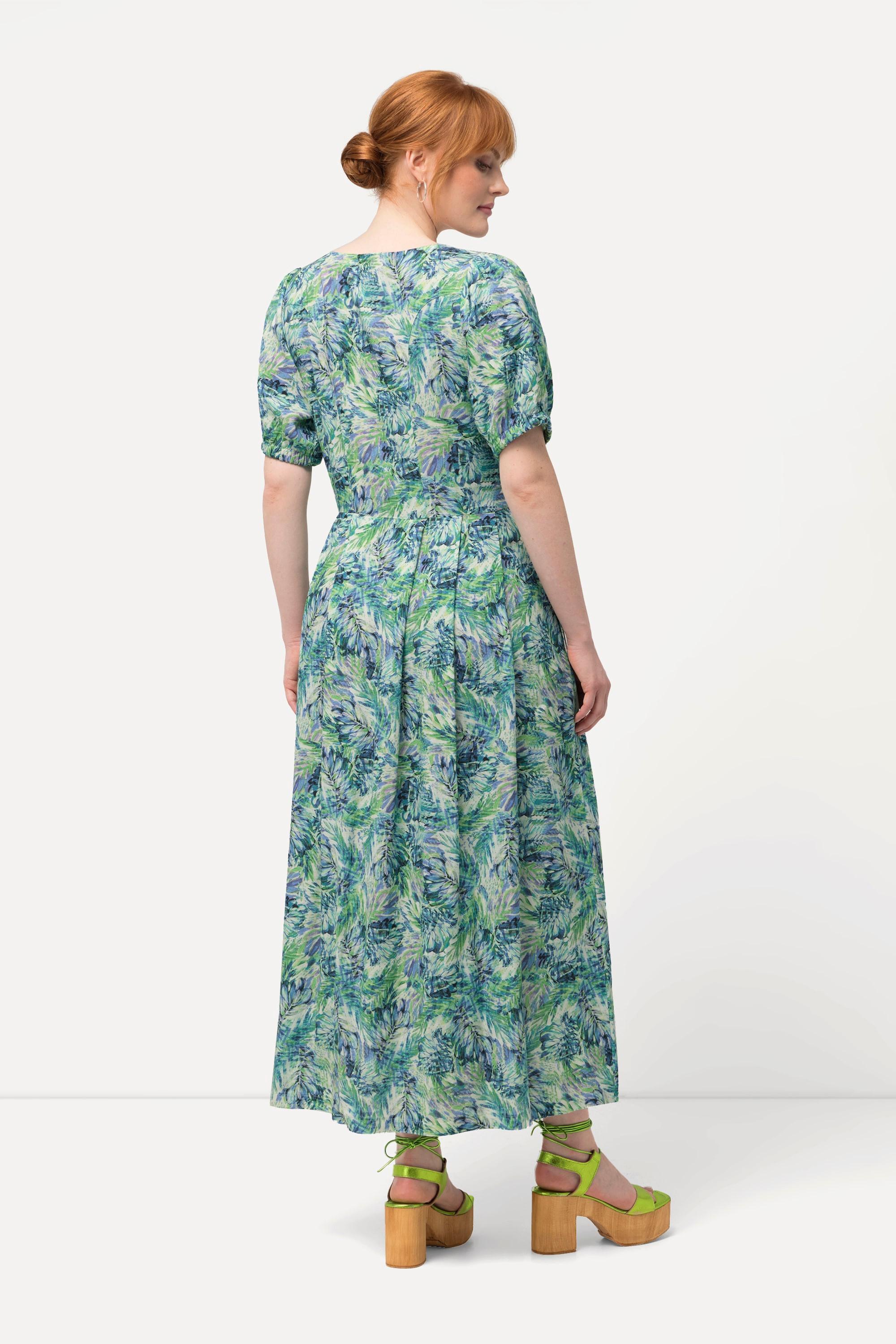 Ulla Popken Blätter Leinenmix Rundhals Halbarm Kleid