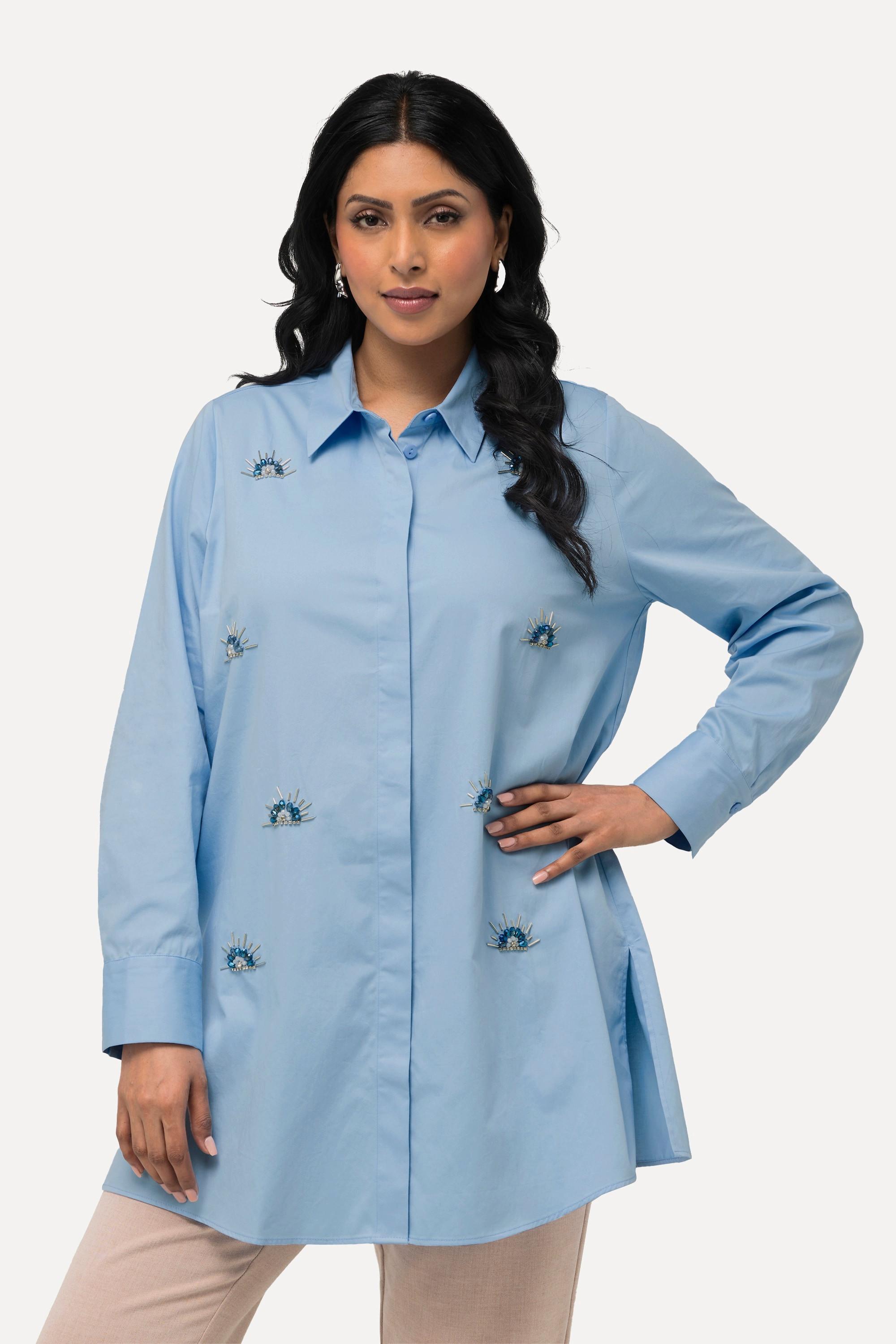 Ulla Popken Hemdbluse Stickerei Perlen Langarm