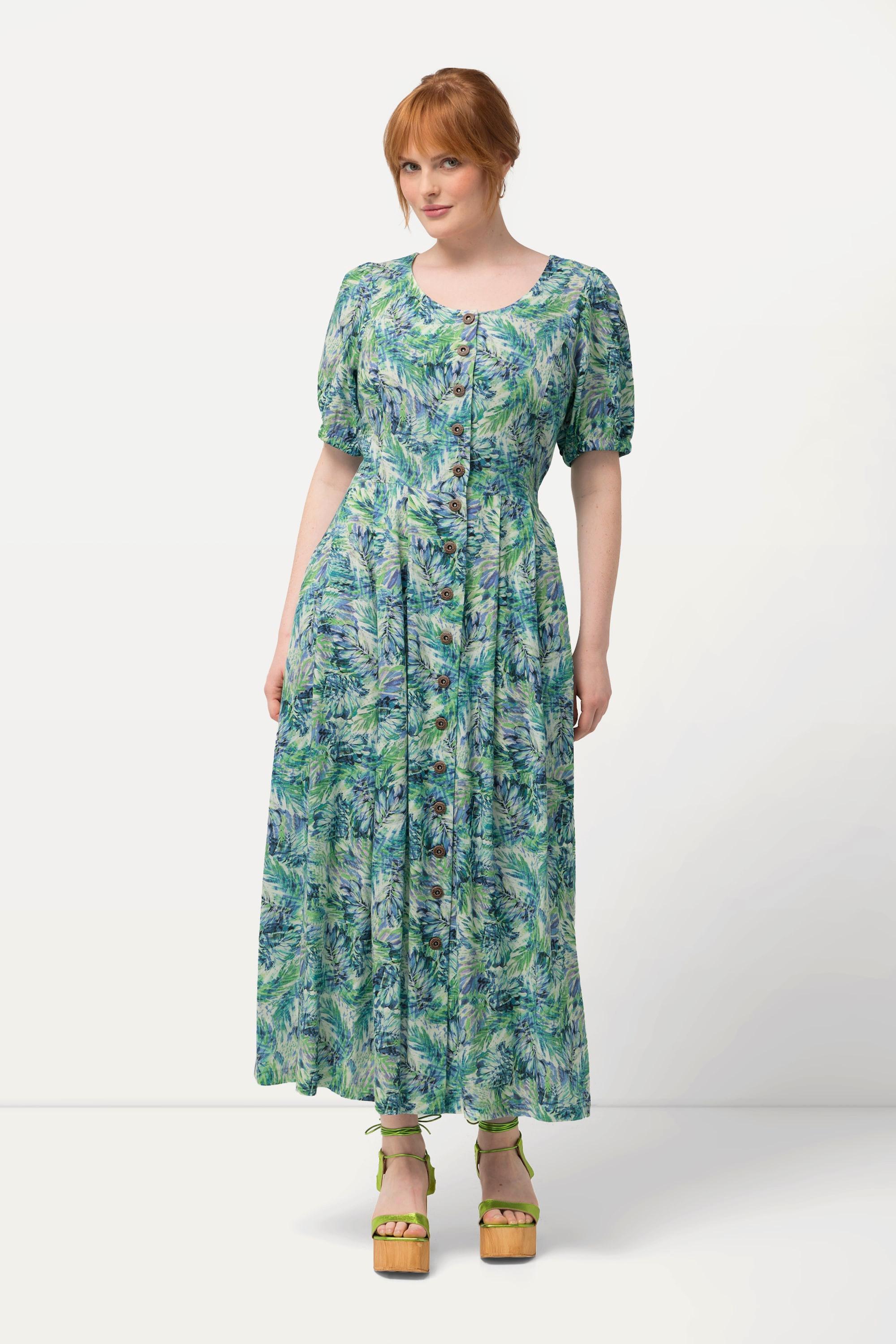 Ulla Popken Blätter Leinenmix Rundhals Halbarm Kleid