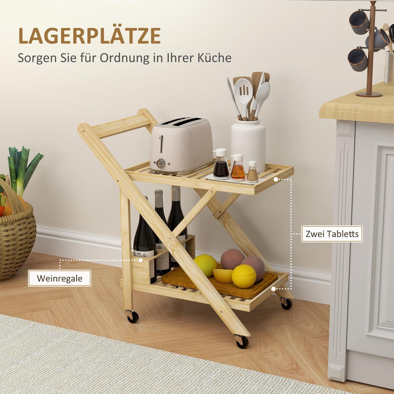 Northio Küchenwagen Servierwagen mit Weinregal, Arbeitsplatte, 2 Ebenen, Rollwagen für Büro, Küche, Wohnzimmer, 66 x 40 x 70 cm, Bambus, Natur Aosom