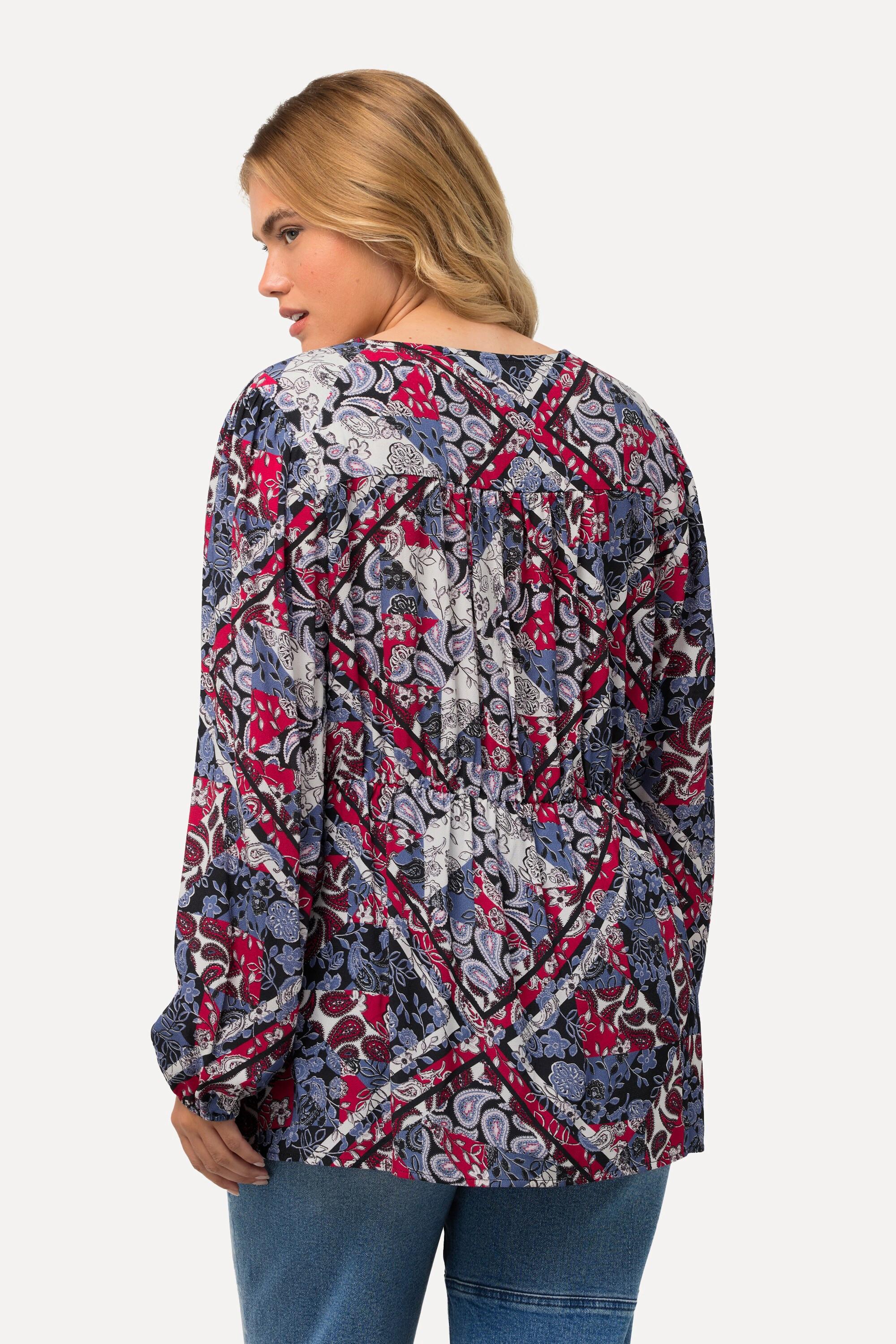 Ulla Popken Patchmuster Schösschen V-Ausschnitt Langarm Bluse