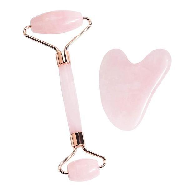 B2X Face Roller und Gua Sha Stone – natürlicher Rosenquarz