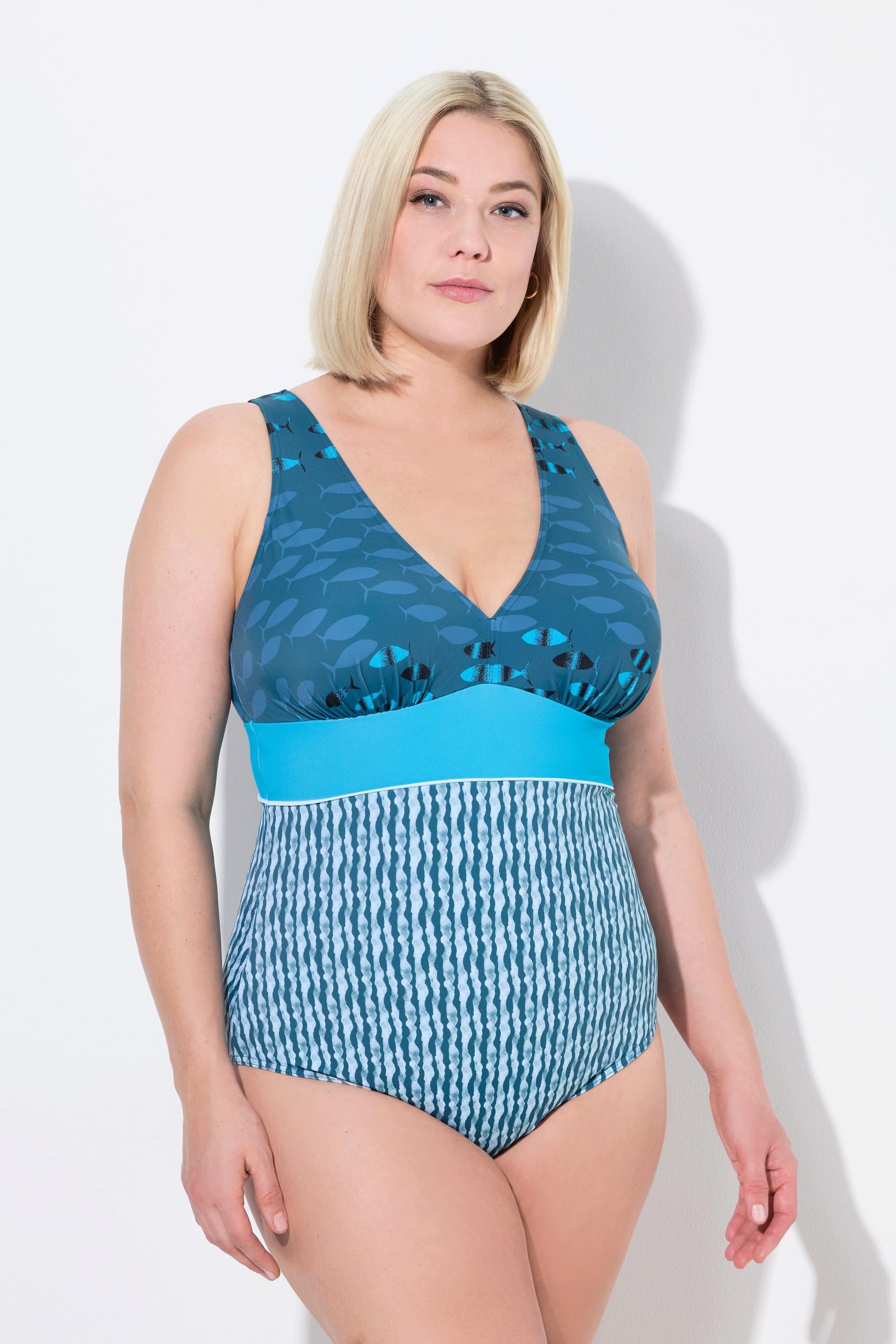 Ulla Popken Badeanzug, Fische, Softcups, V-Ausschnitt, recycelt