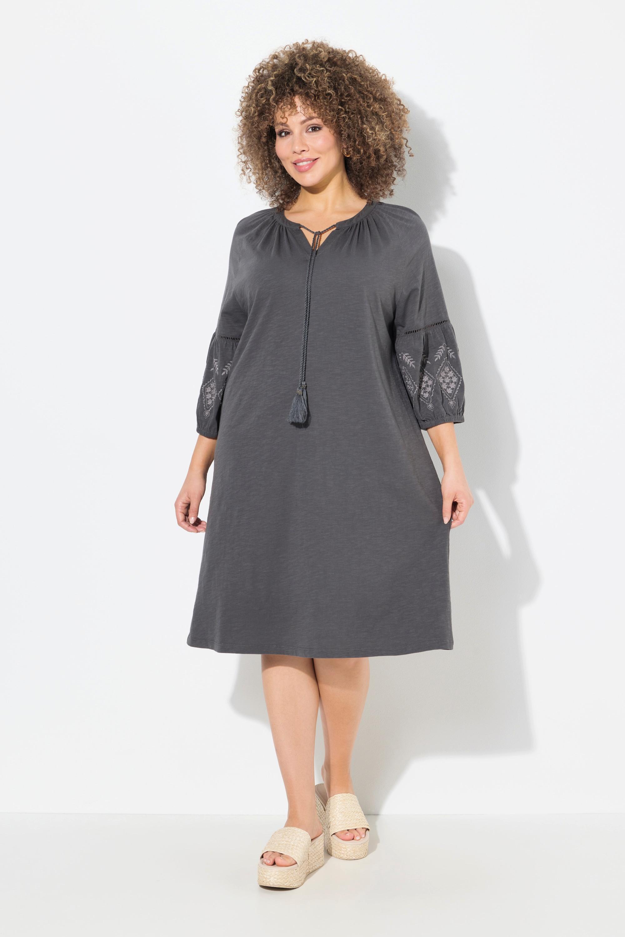 Ulla Popken Jerseykleid Stickerei A-Linie Tunika-Ausschnitt 3/4-Arm