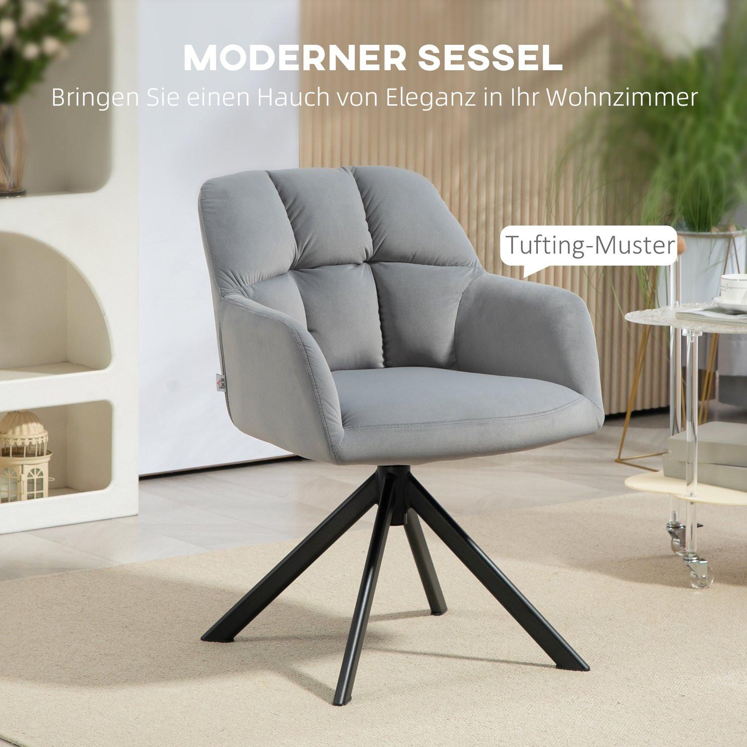 Northio Sessel Drehbarer Loungesessel mit Samtoptik, Armlehne, Drehsessel mit Metallbeine, für Schlafzimmer, Wohnzimmer, Grau