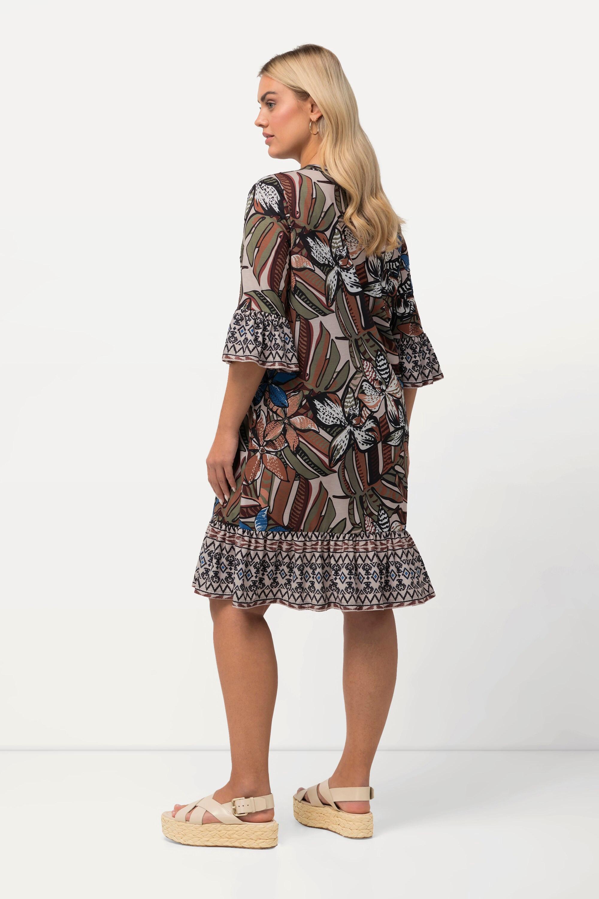 Ulla Popken Minikleid Volants A-Linie V-Ausschnitt 3/4-Arm