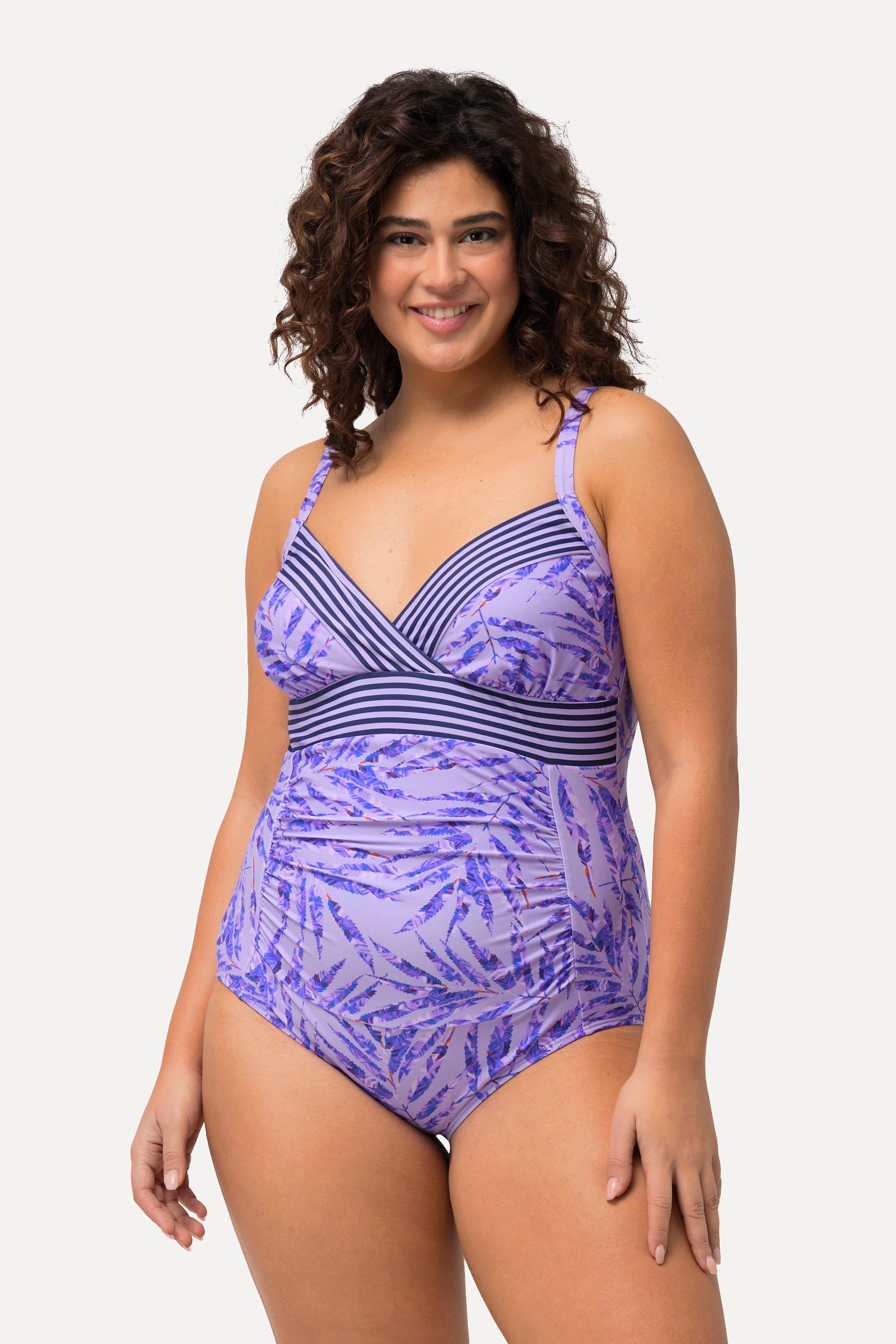 Ulla Popken Badeanzug, Palmen, Streifen, Softcups, recycelt