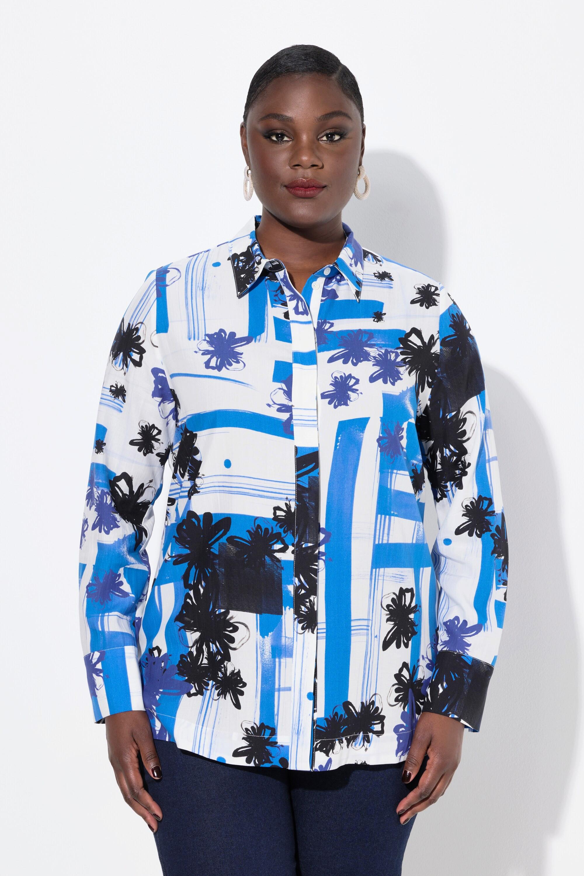 Ulla Popken Lyocell-Bluse, grafisches Design, Hemdkragen, Langarm