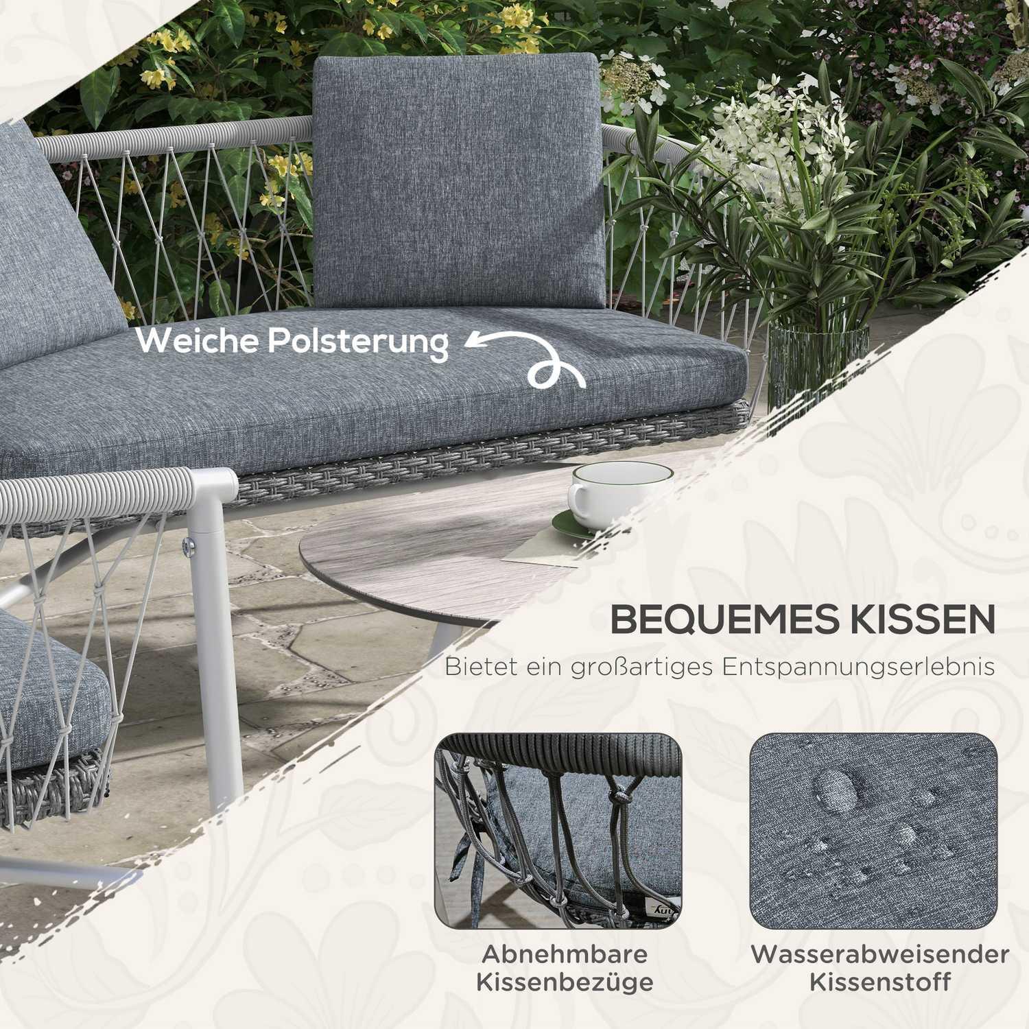 Northio 4 Tlg. Rattan Gartenmöbel-Set, Sitzgruppe Mit Schaukelfunktion, Gartengarnitur Mit 1 Couchtisch, 2 Sesseln, 1 Doppelsofa, Kissen, Stahl,Grau