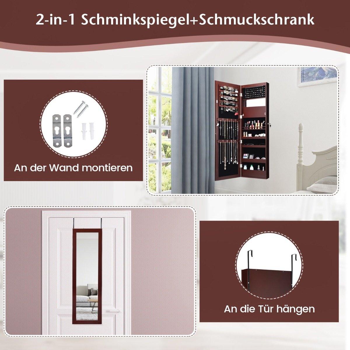 Northix Schmuckschrank mit Spiegel Kosmetikschrank mit ausgekleideten Ablagen Haken & Fächern Braun